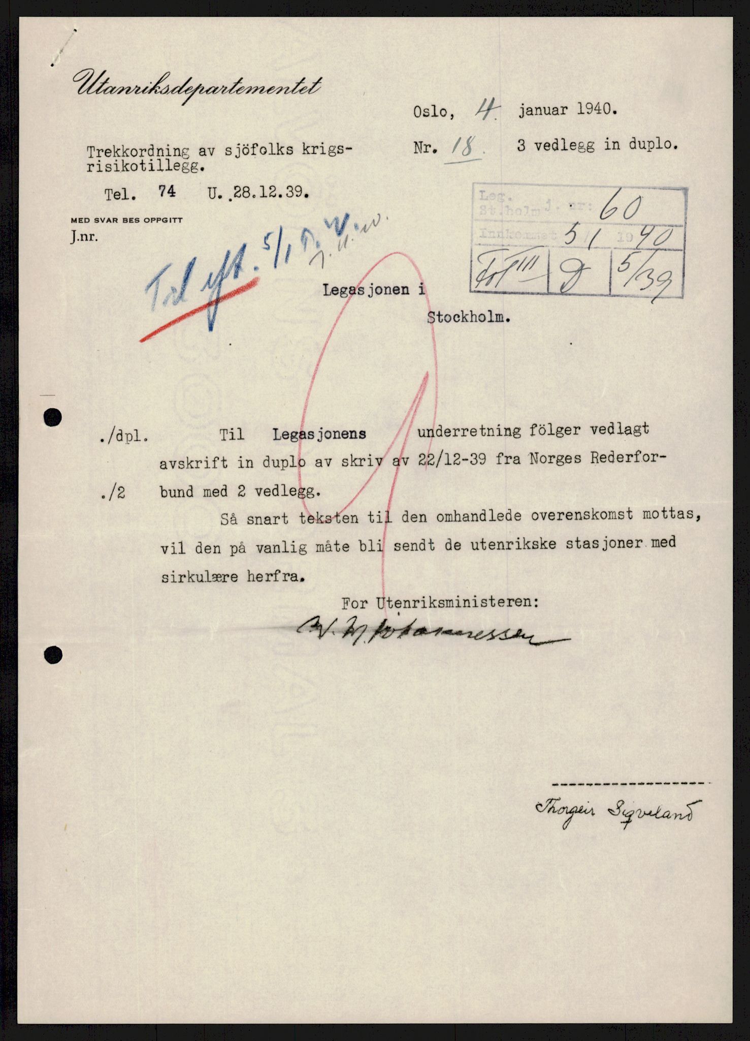 Utenriksstasjonene, Legasjonen/Ambassaden i Stockholm, AV/RA-S-1725/1/D/Da/L0071/0002: Krigen 1939 / Fol IIID 05/39 Skipsfarten. Bind II, 1940-1945