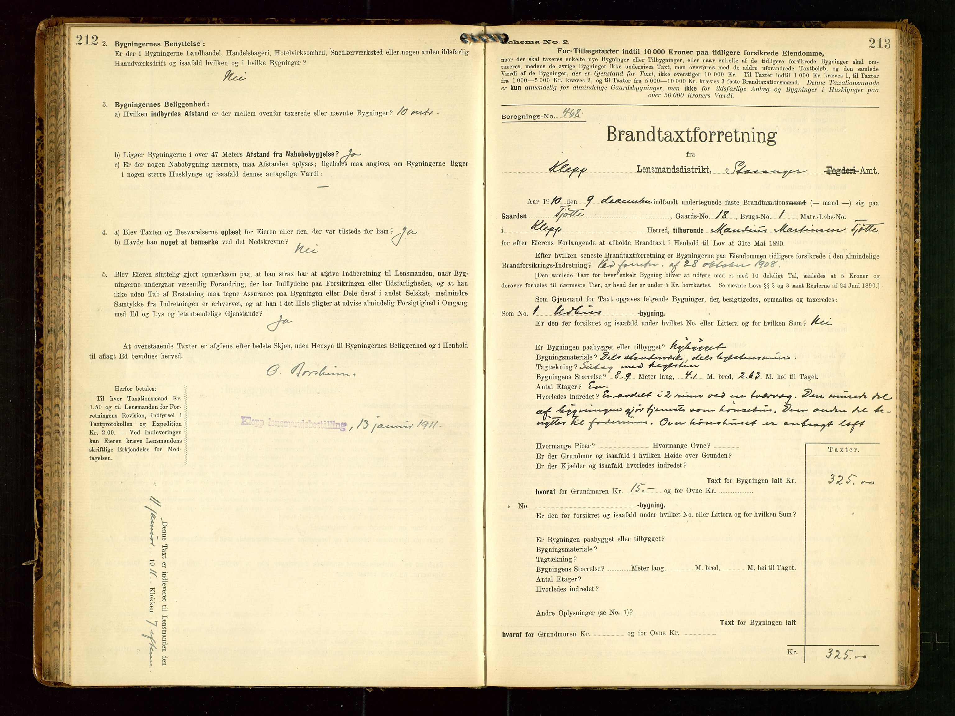 Klepp lensmannskontor, AV/SAST-A-100163/Goc/L0006: "Brandtaxationsprotokol" m/register, 1908-1912, p. 212-213