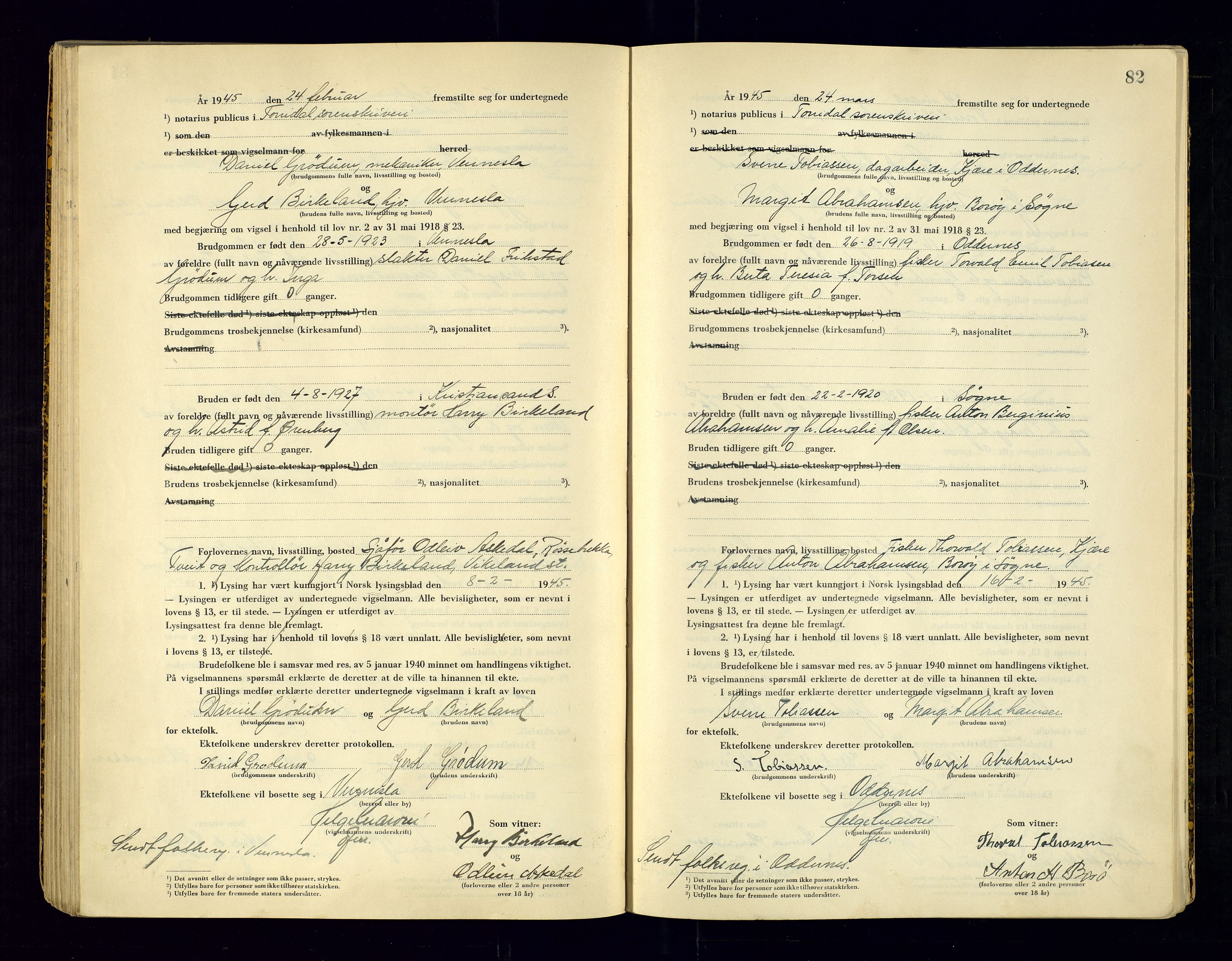 Torridal sorenskriveri, AV/SAK-1221-0012/L/Ld/L0004: Vigselbok nr. 2, 1943-1946, p. 82