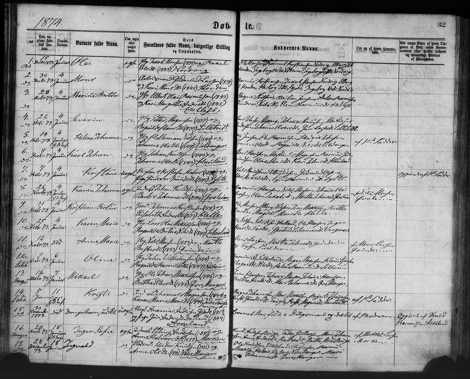 Manger sokneprestembete, SAB/A-76801/H/Haa: Parish register (official) no. A 8, 1871-1880, p. 32