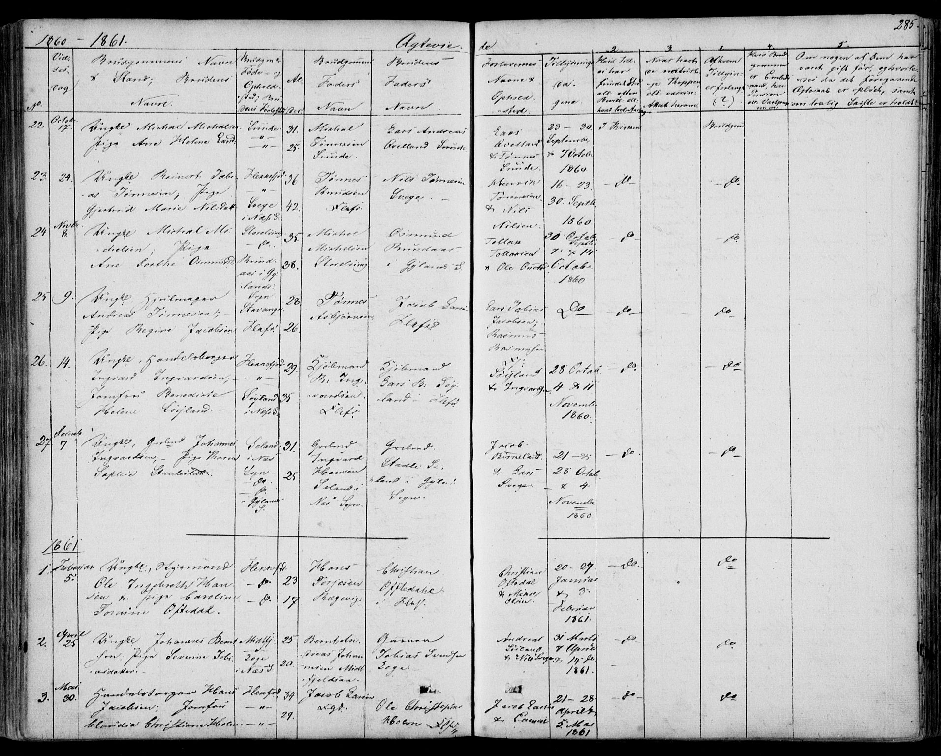 Flekkefjord sokneprestkontor, SAK/1111-0012/F/Fb/Fbc/L0005: Parish register (copy) no. B 5, 1846-1866, p. 285