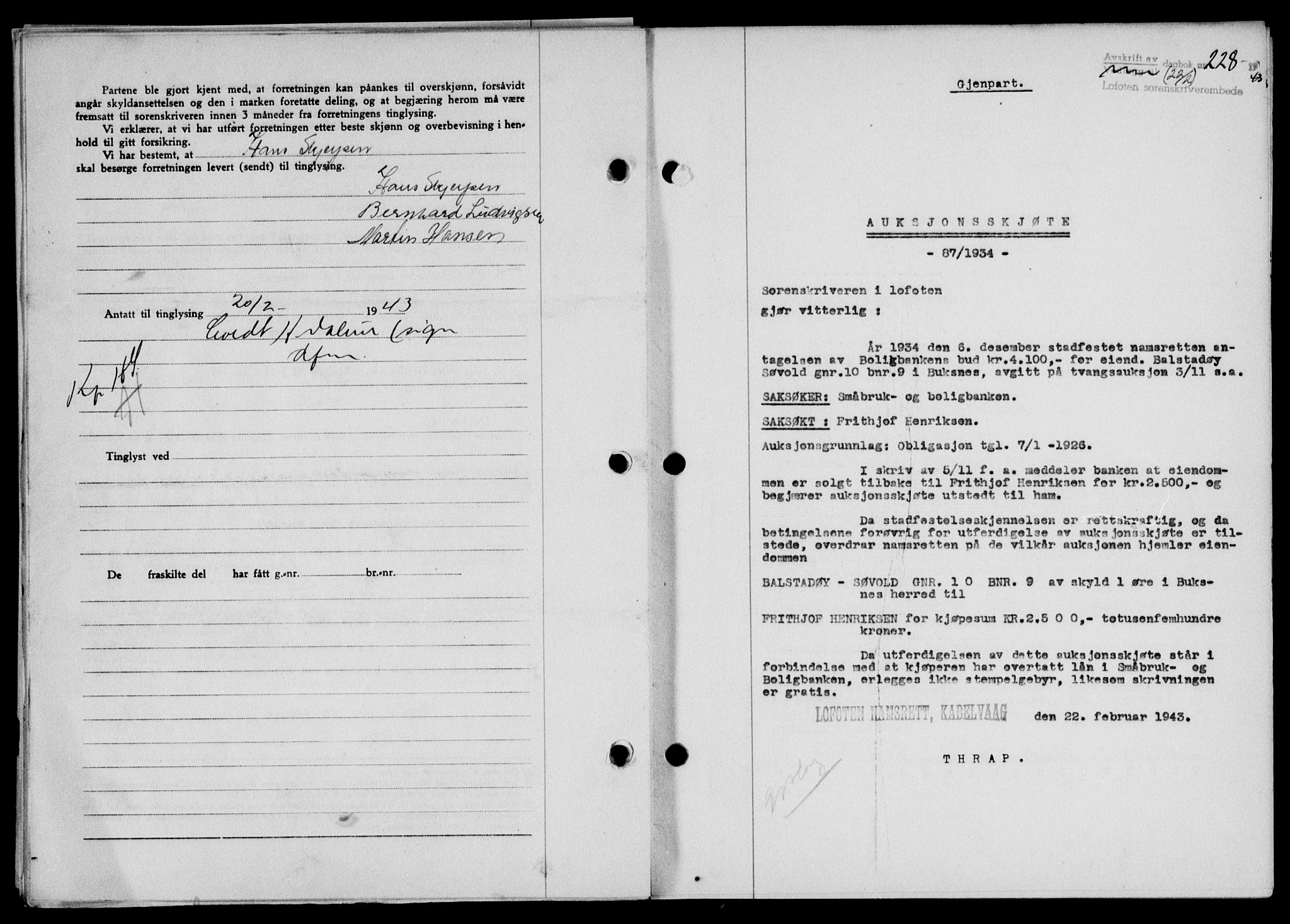 Lofoten sorenskriveri, SAT/A-0017/1/2/2C/L0011a: Mortgage book no. 11a, 1943-1943, Diary no: : 228/1943