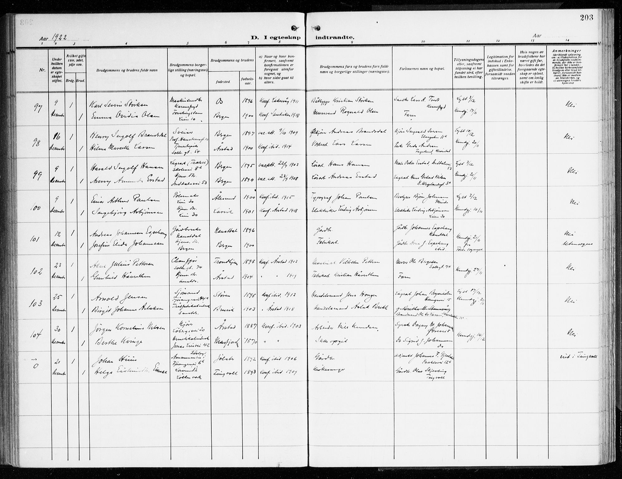 Årstad Sokneprestembete, AV/SAB-A-79301/H/Haa/L0004: Parish register (official) no. A 4, 1919-1928, p. 203