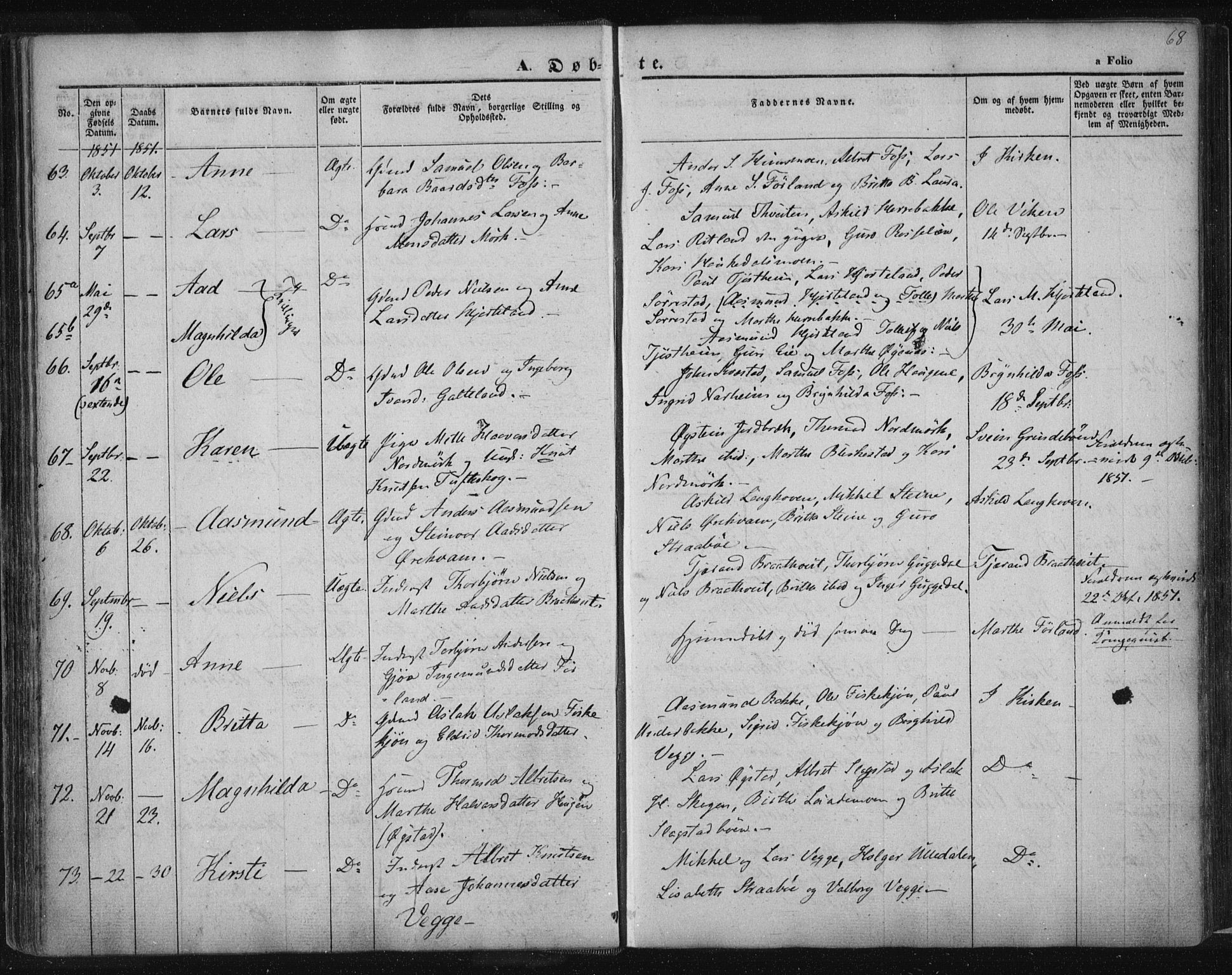 Suldal sokneprestkontor, SAST/A-101845/01/IV/L0008: Parish register (official) no. A 8, 1836-1853, p. 68