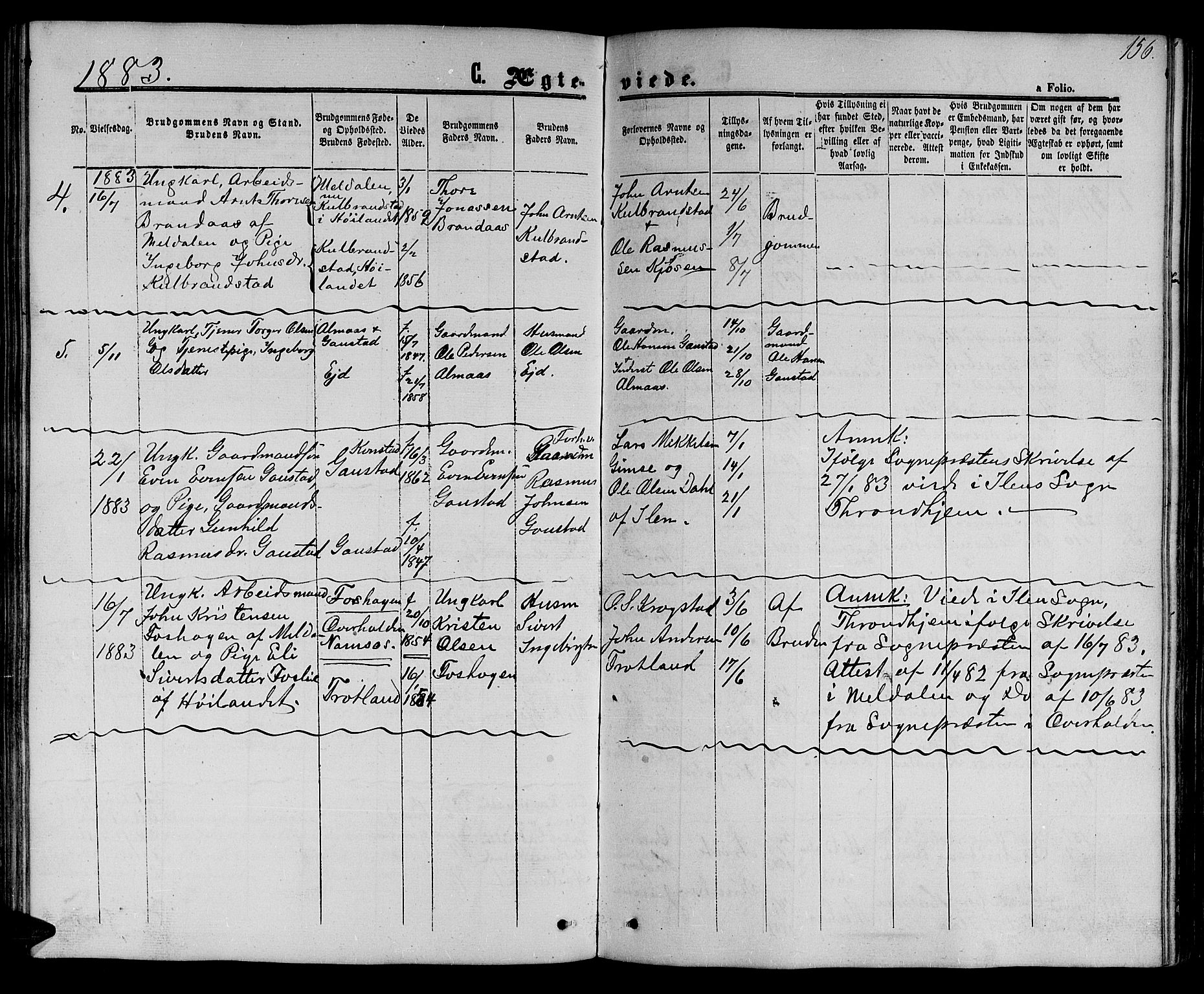 Ministerialprotokoller, klokkerbøker og fødselsregistre - Sør-Trøndelag, SAT/A-1456/694/L1131: Parish register (copy) no. 694C03, 1858-1886, p. 156