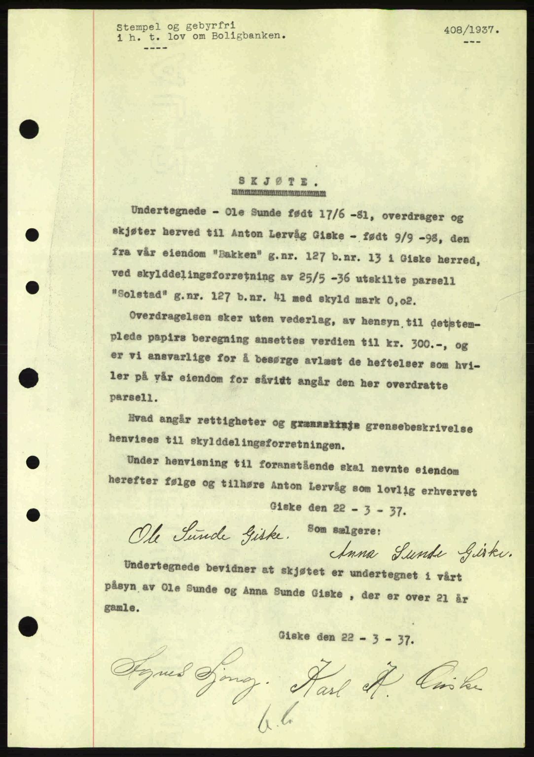 Nordre Sunnmøre sorenskriveri, AV/SAT-A-0006/1/2/2C/2Ca: Mortgage book no. A2, 1936-1937, Diary no: : 408/1937