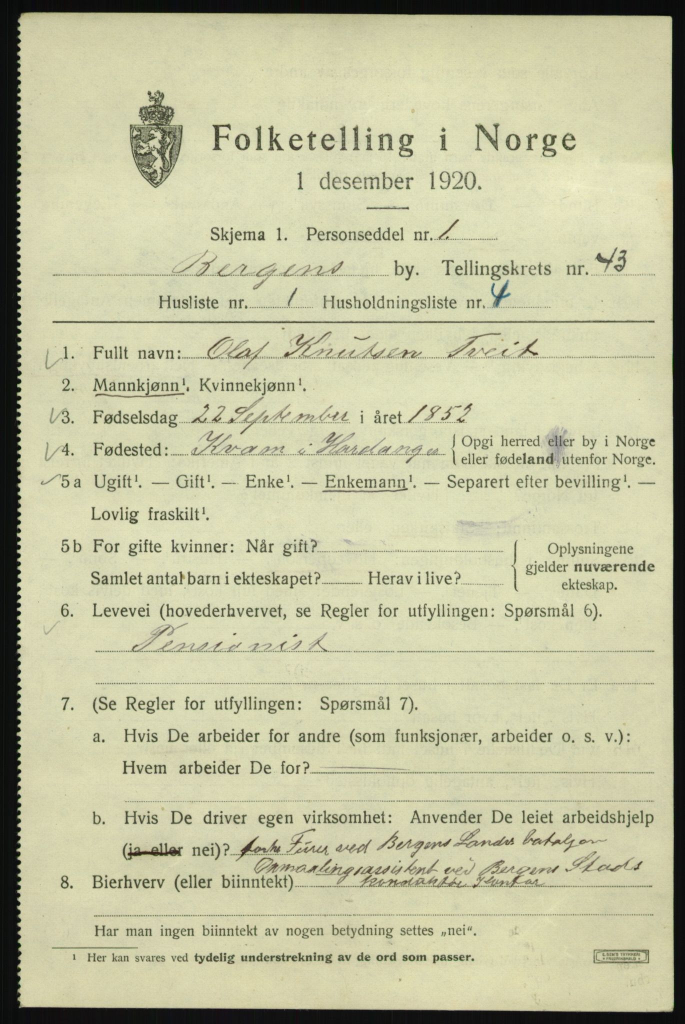 SAB, 1920 census for Bergen, 1920, p. 111330