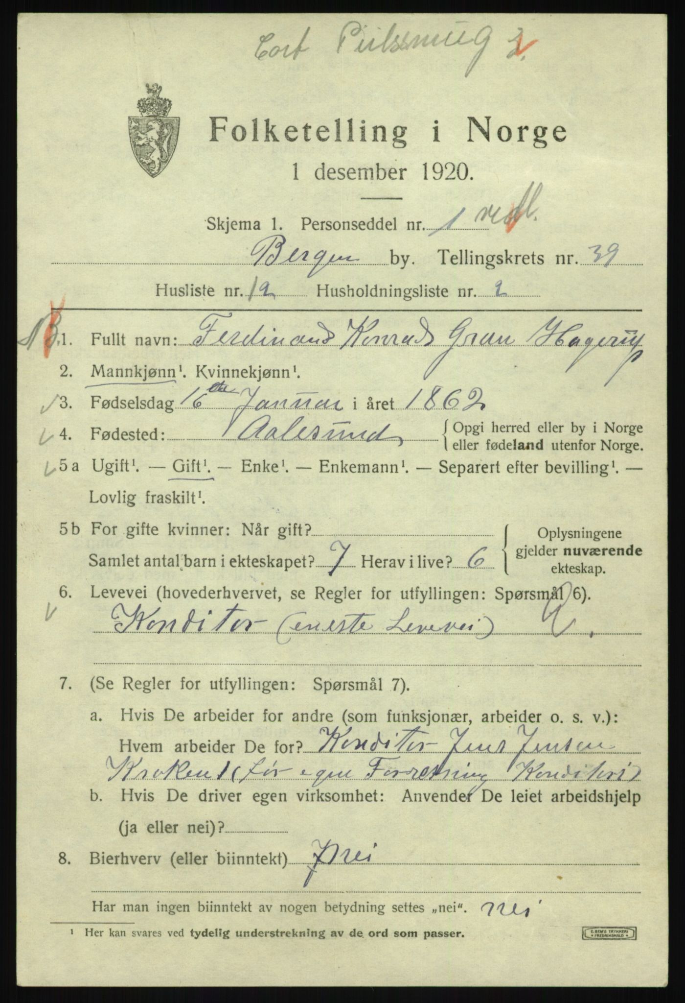 SAB, 1920 census for Bergen, 1920, p. 106909