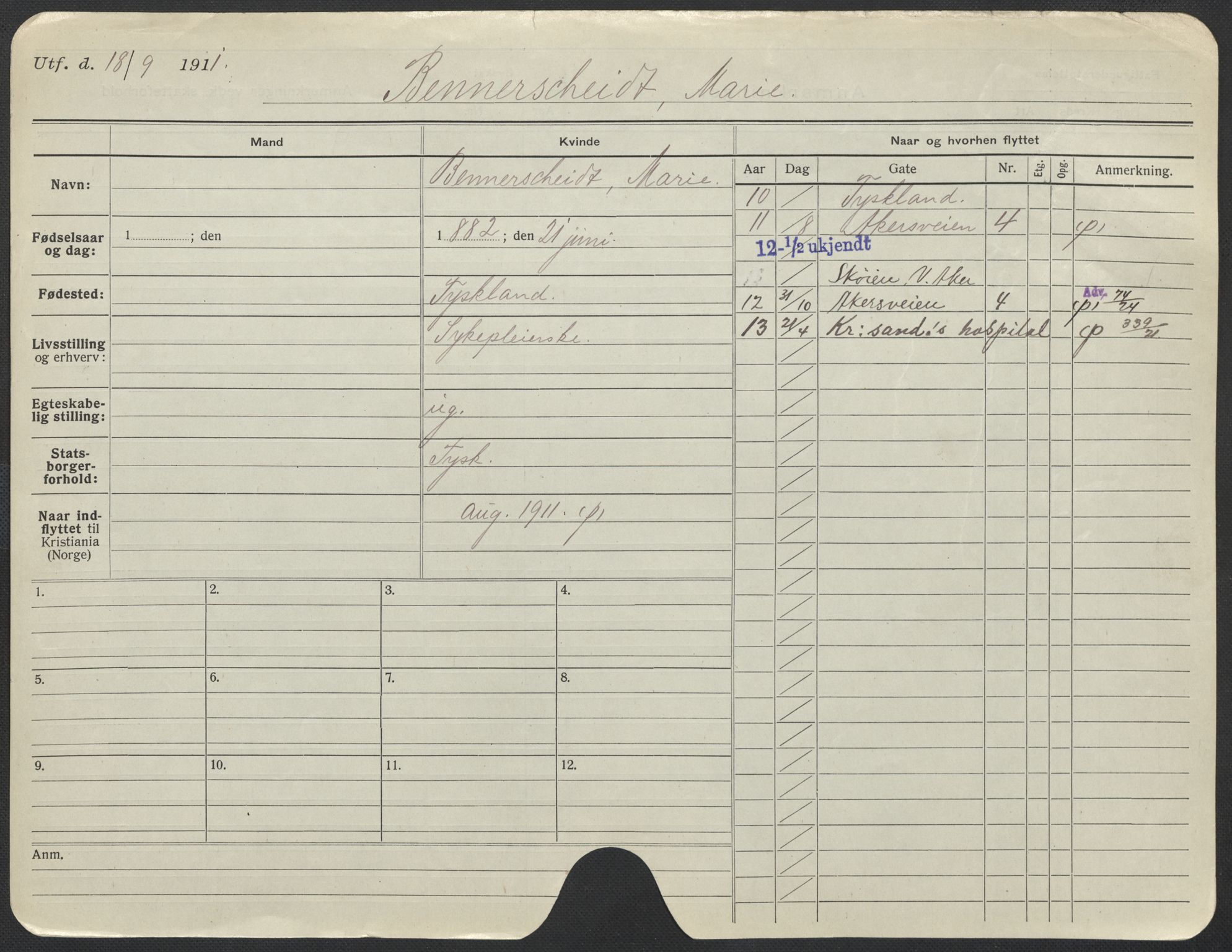 Oslo folkeregister, Registerkort, AV/SAO-A-11715/F/Fa/Fac/L0013: Kvinner, 1906-1914, p. 51a