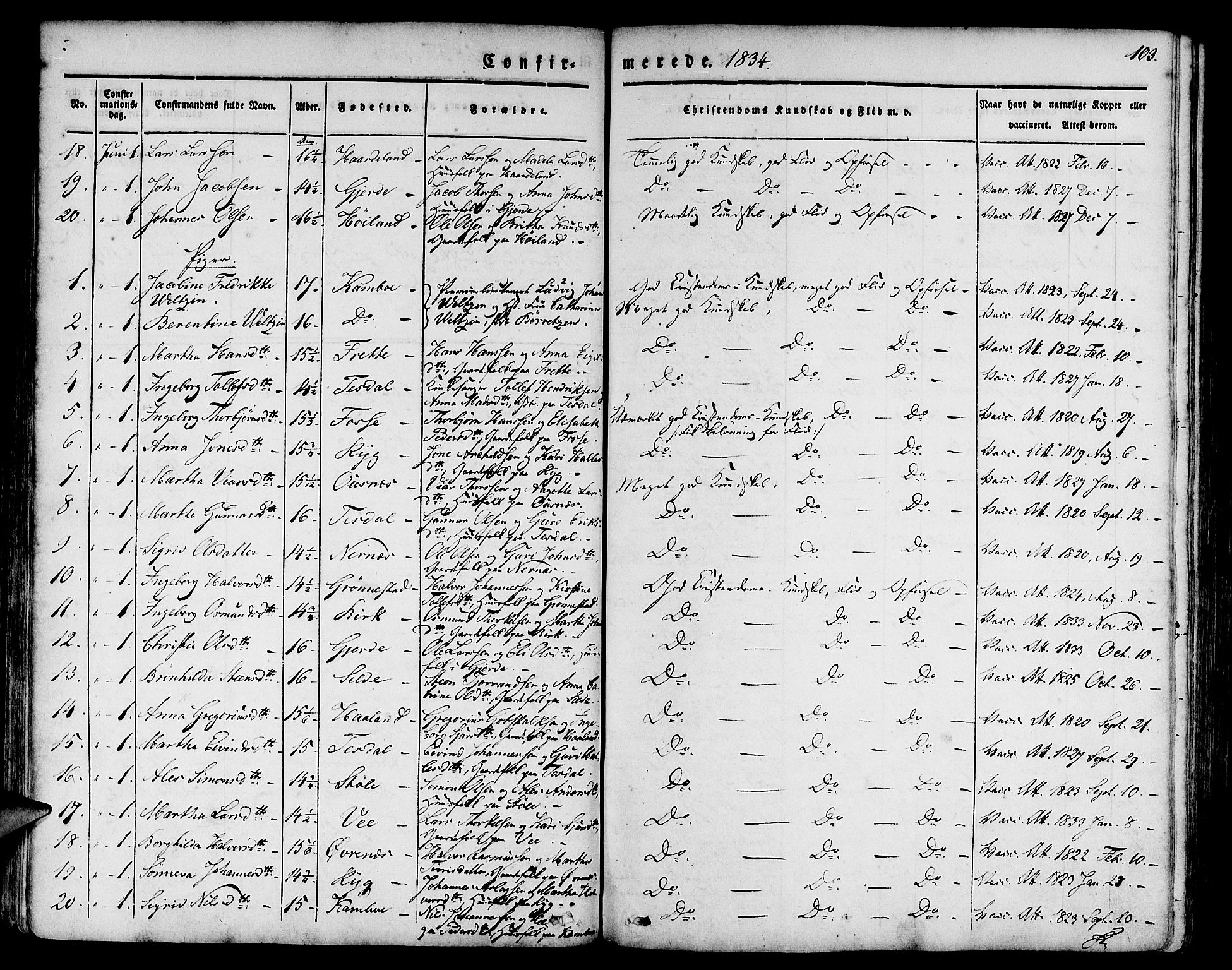 Etne sokneprestembete, AV/SAB-A-75001/H/Haa: Parish register (official) no. A 7, 1831-1847, p. 103