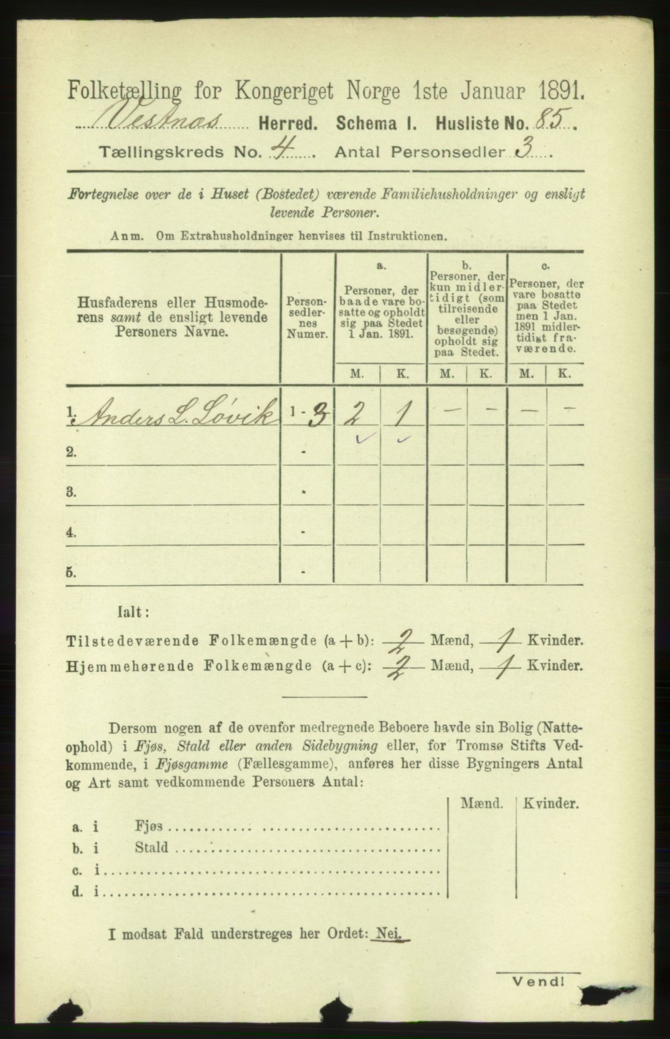 RA, 1891 census for 1535 Vestnes, 1891, p. 1300