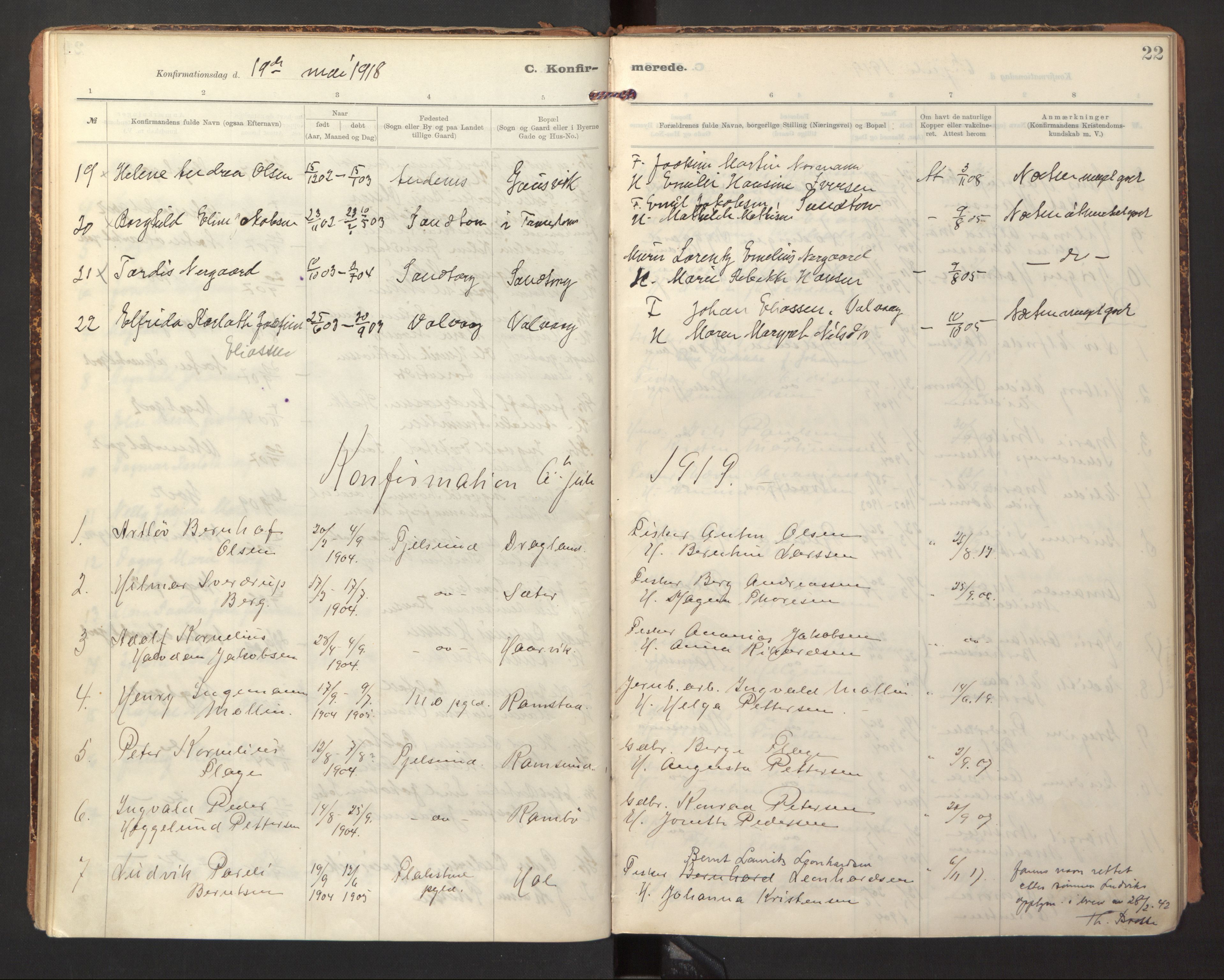 Ministerialprotokoller, klokkerbøker og fødselsregistre - Nordland, AV/SAT-A-1459/865/L0927: Parish register (official) no. 865A05, 1911-1935, p. 22