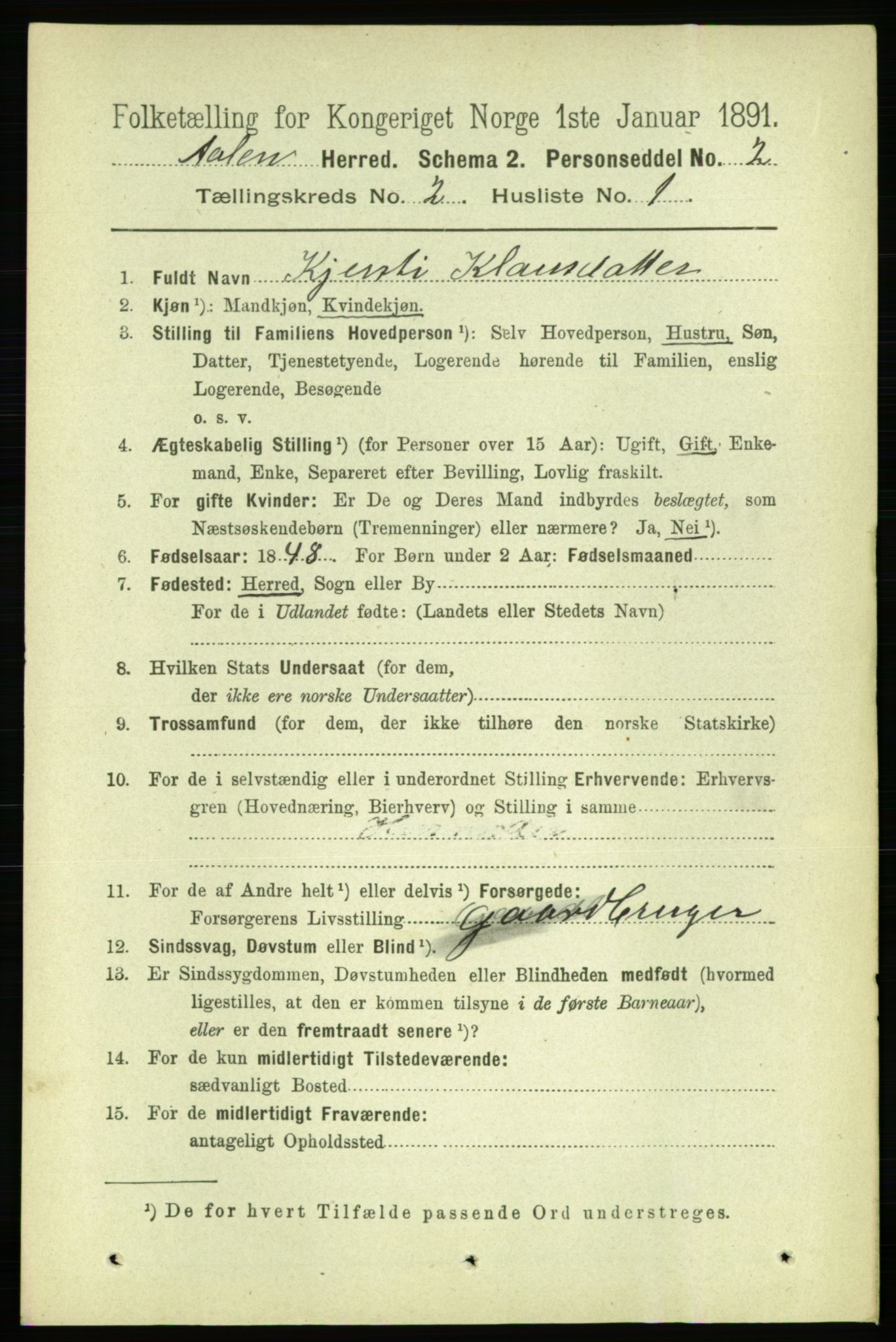 RA, 1891 census for 1644 Ålen, 1891, p. 381