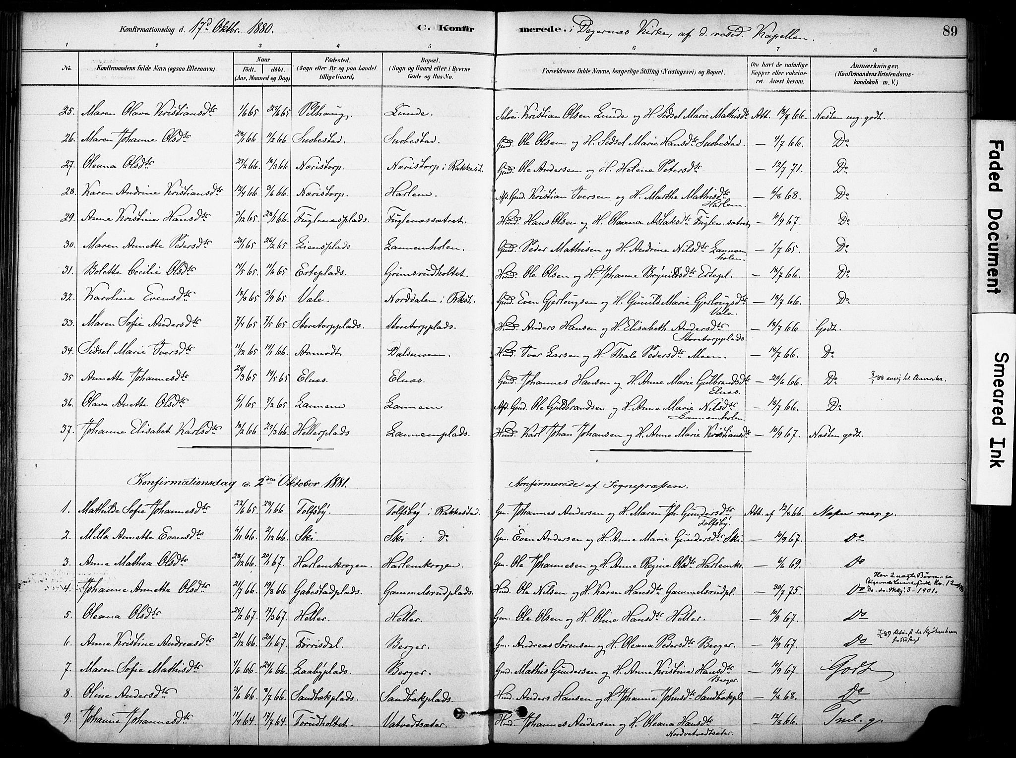 Rakkestad prestekontor Kirkebøker, AV/SAO-A-2008/F/Fb/L0001: Parish register (official) no. II 1, 1878-1899, p. 89