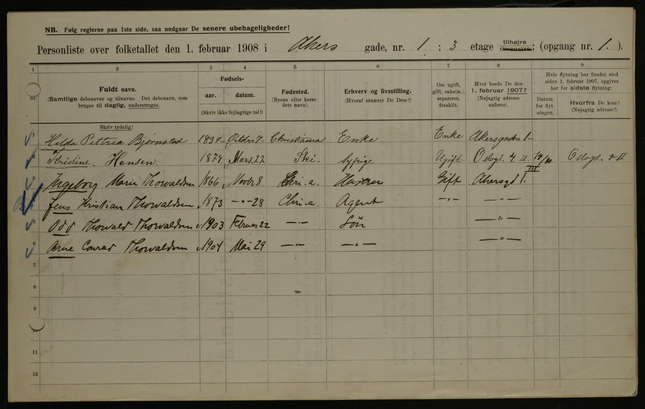 OBA, Municipal Census 1908 for Kristiania, 1908, p. 313