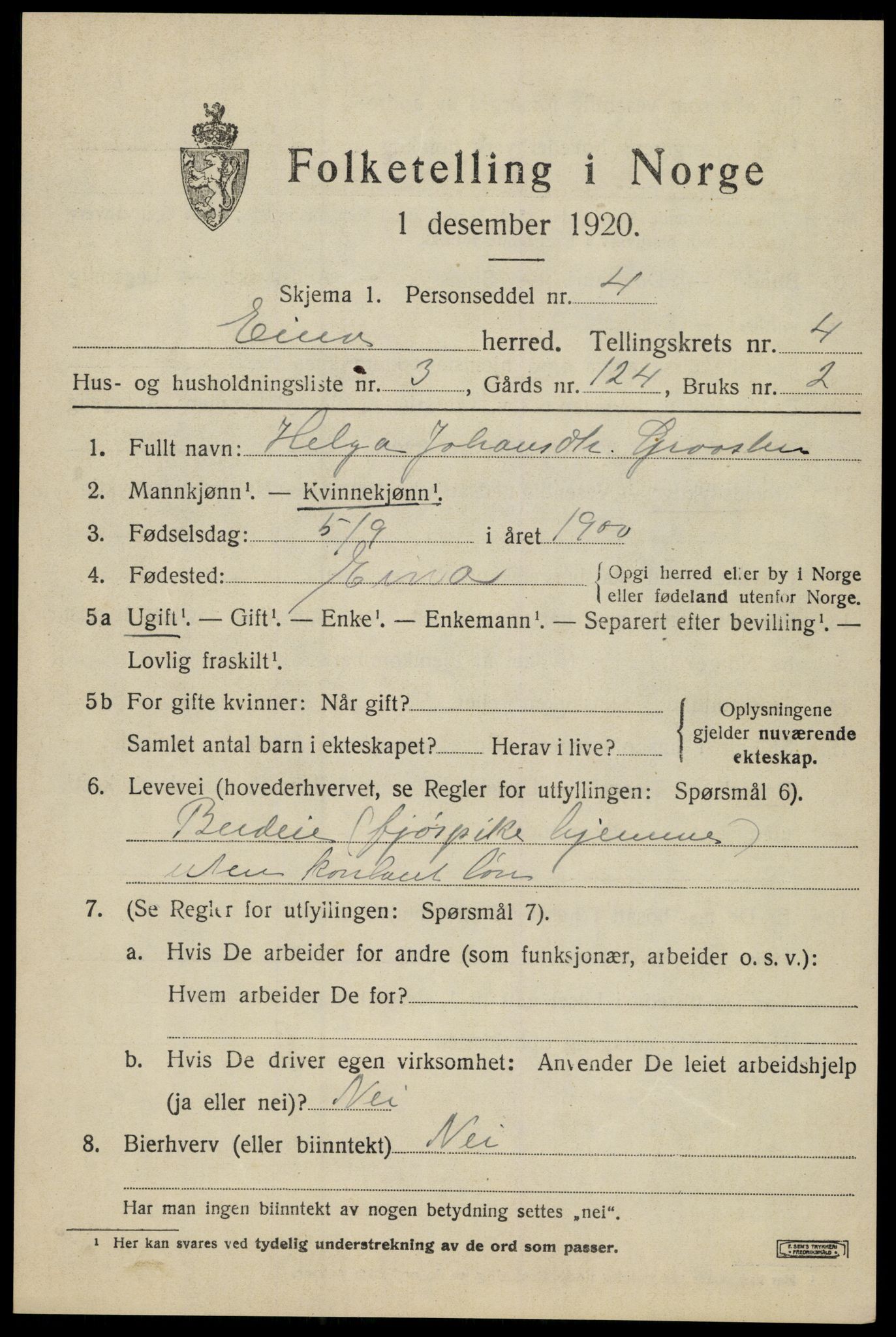 SAH, 1920 census for Eina, 1920, p. 2928