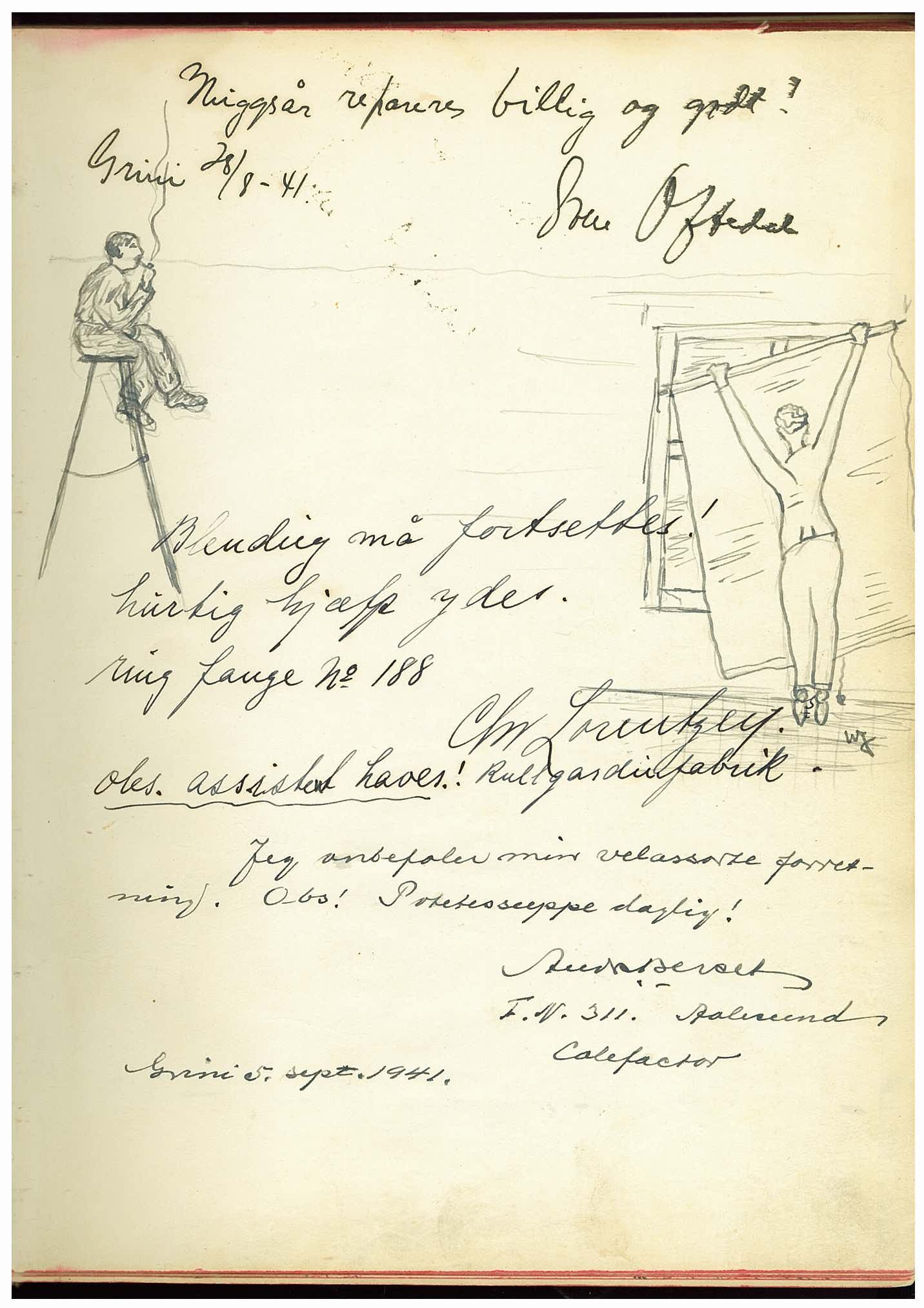 Molvig, Magne, AV/RA-PA-1470/F/L0001: Minnebok med dagboksopptegnelser fra Grini fangeleir 15.08-21.10. 1941, og brev, postkort og avisutklipp (uttatt fra fotoalbum U1), 1941, p. 3