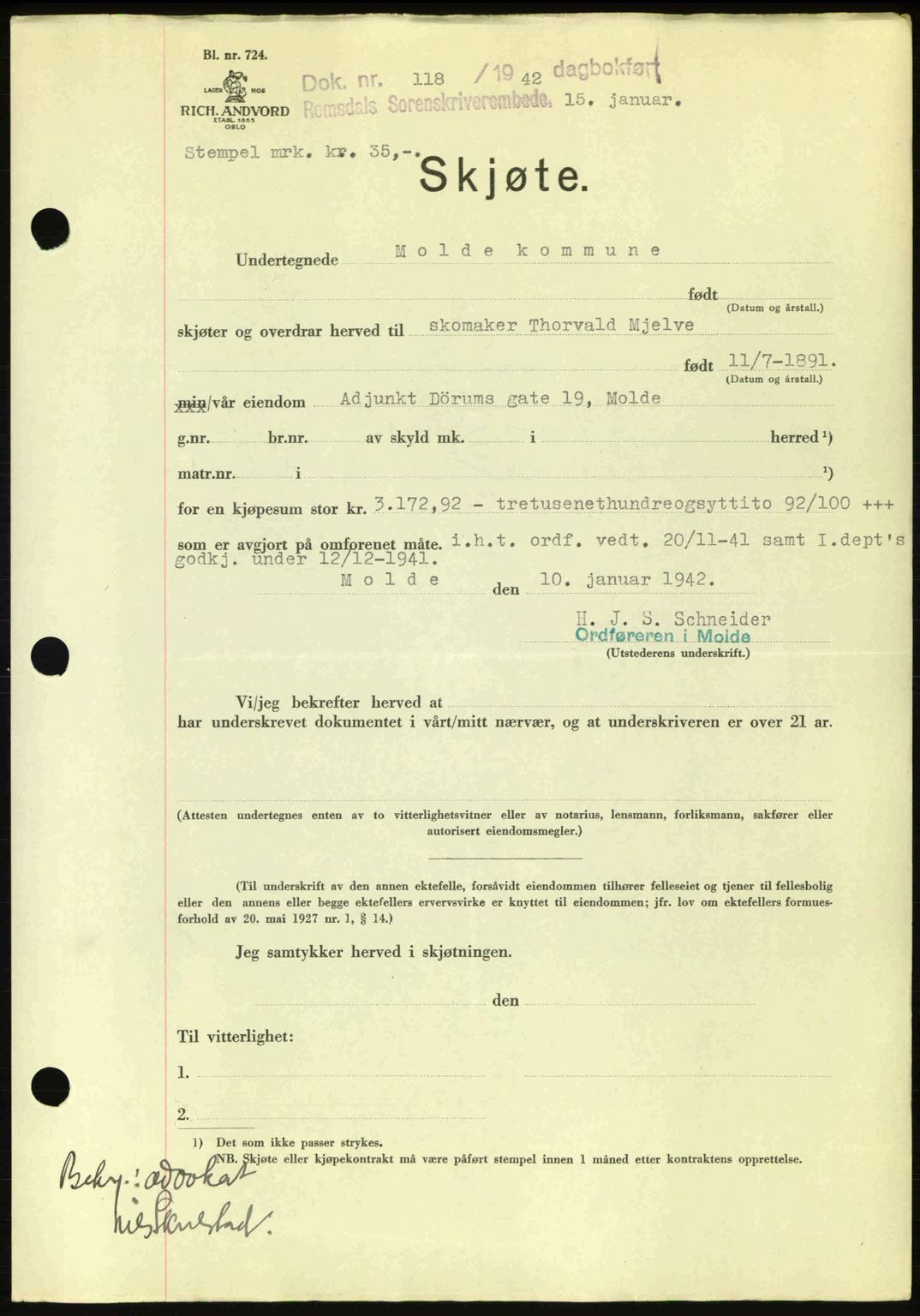 Romsdal sorenskriveri, AV/SAT-A-4149/1/2/2C: Mortgage book no. A11, 1941-1942, Diary no: : 118/1942