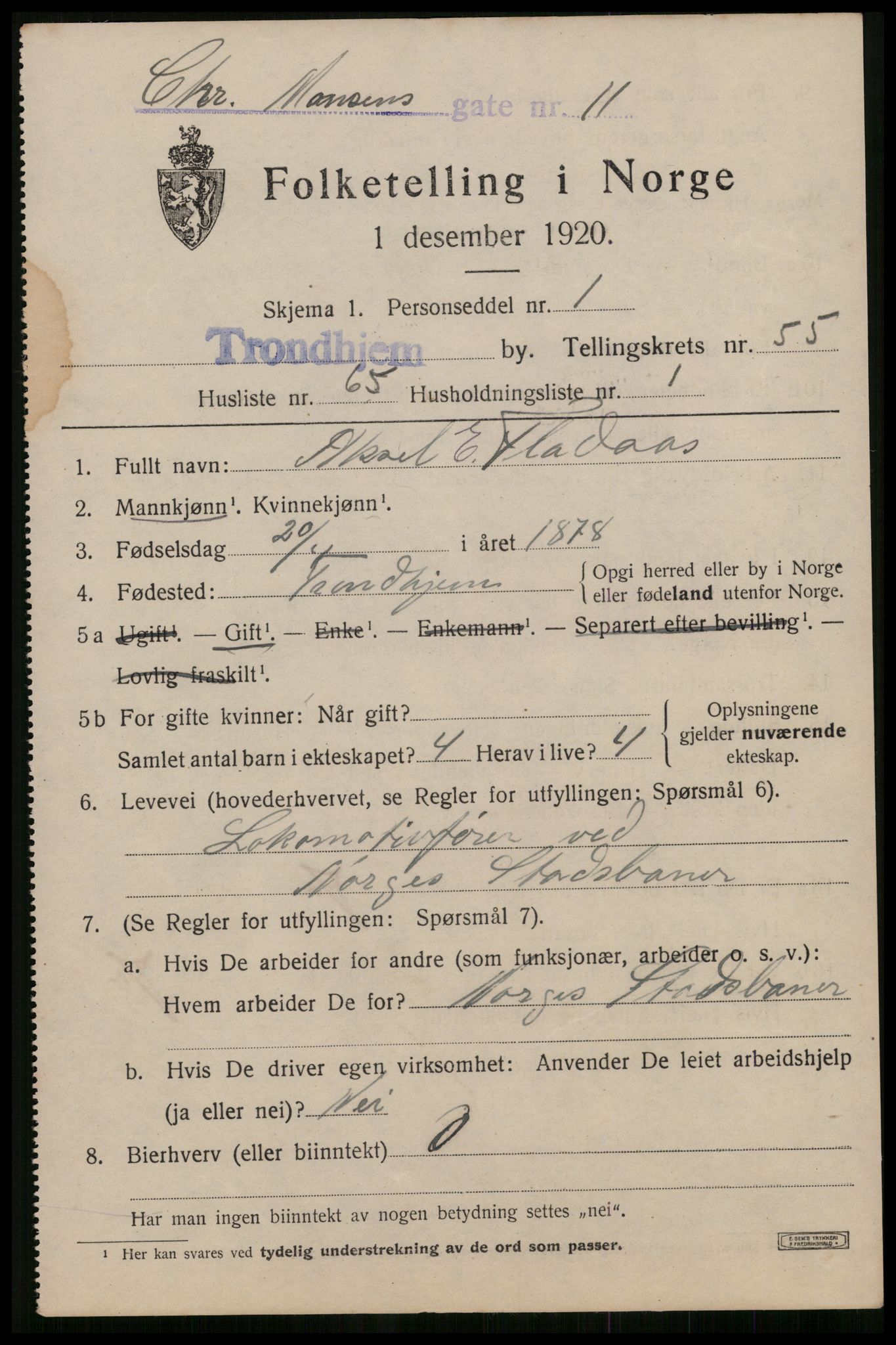 SAT, 1920 census for Trondheim, 1920, p. 113368