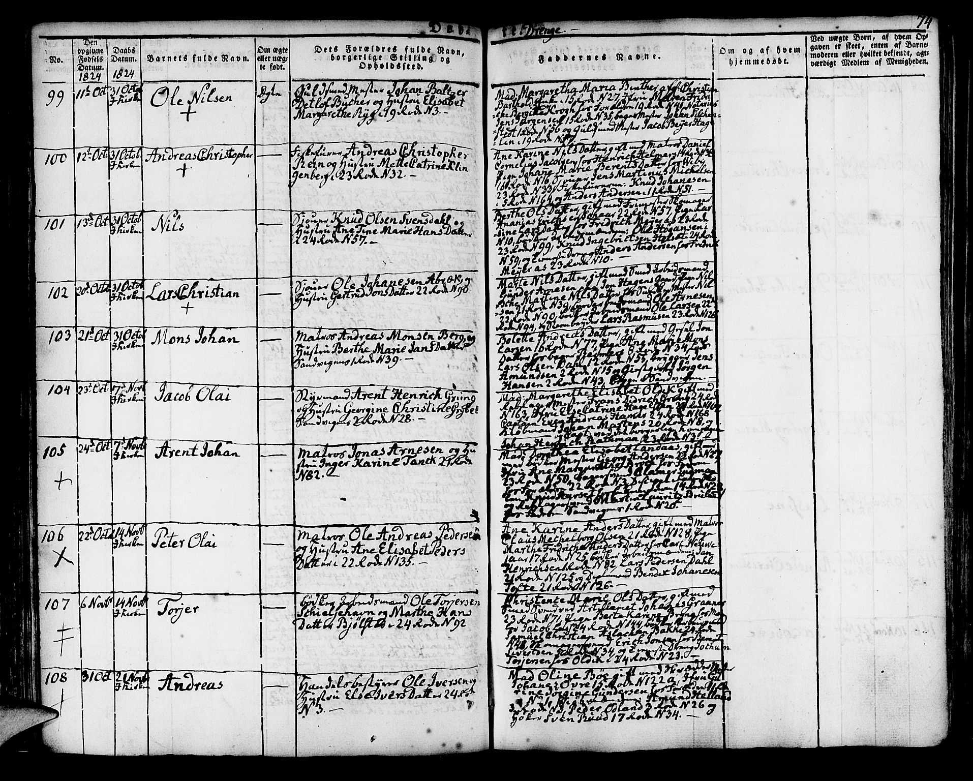 Korskirken sokneprestembete, AV/SAB-A-76101/H/Hab: Parish register (copy) no. A 3, 1821-1831, p. 74