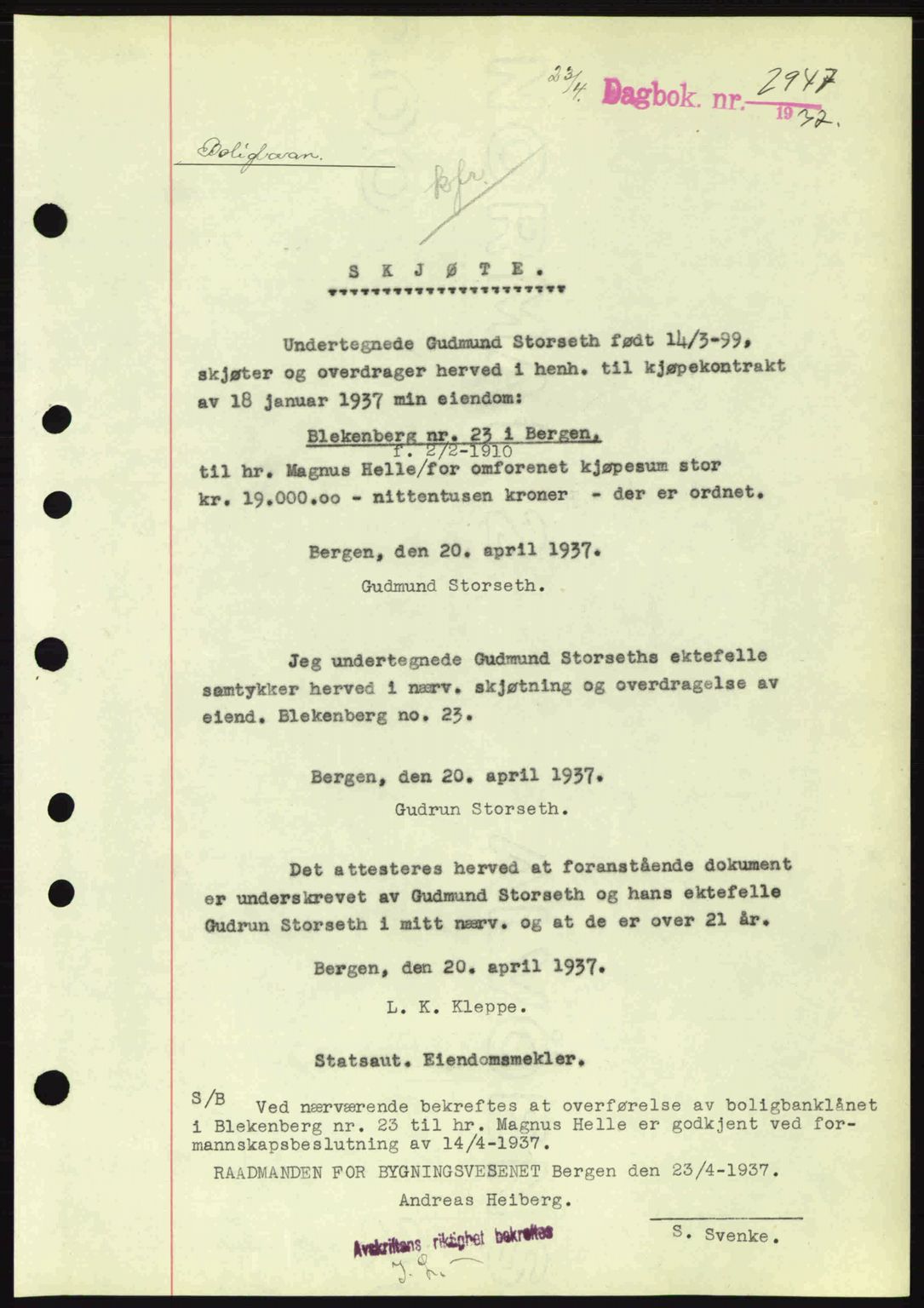 Byfogd og Byskriver i Bergen, SAB/A-3401/03/03Bc/L0004: Mortgage book no. A3-4, 1936-1937, Diary no: : 2947/1937