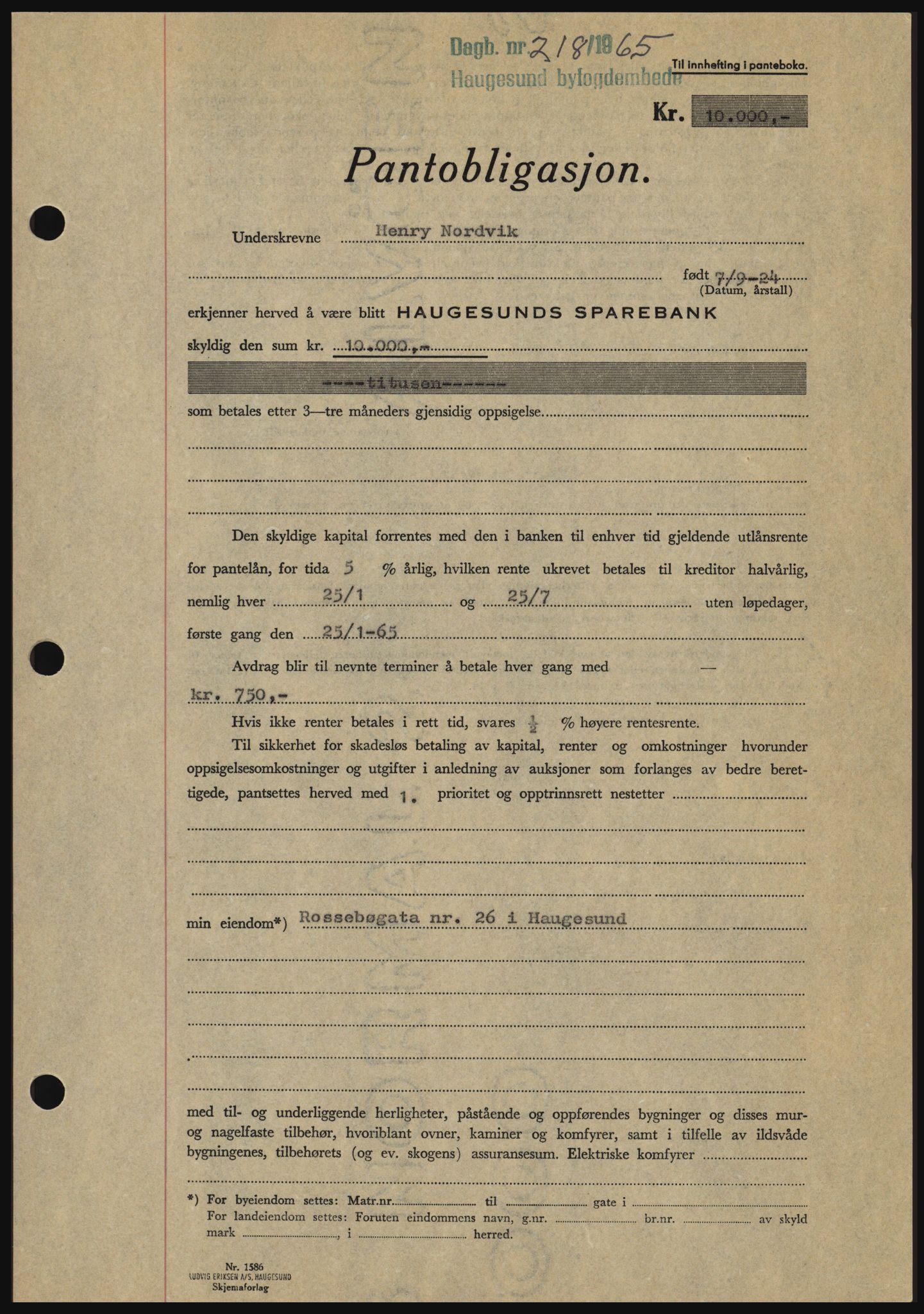 Haugesund tingrett, SAST/A-101415/01/II/IIC/L0053: Mortgage book no. B 53, 1965-1965, Diary no: : 218/1965