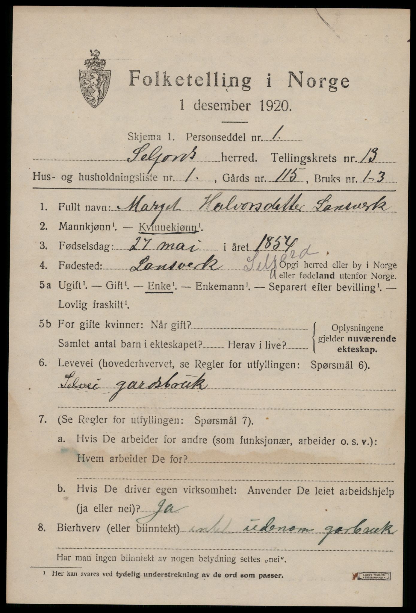 SAKO, 1920 census for Seljord, 1920, p. 6000