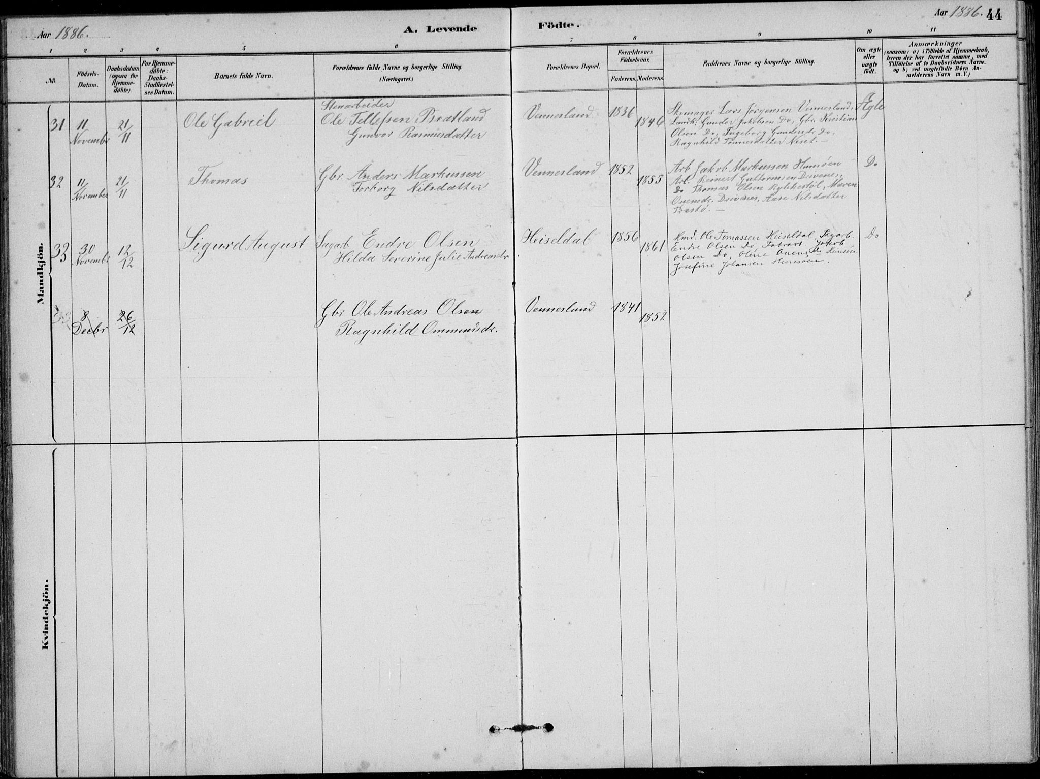 Vennesla sokneprestkontor, AV/SAK-1111-0045/Fb/Fbb/L0003: Parish register (copy) no. B 3, 1879-1893, p. 44