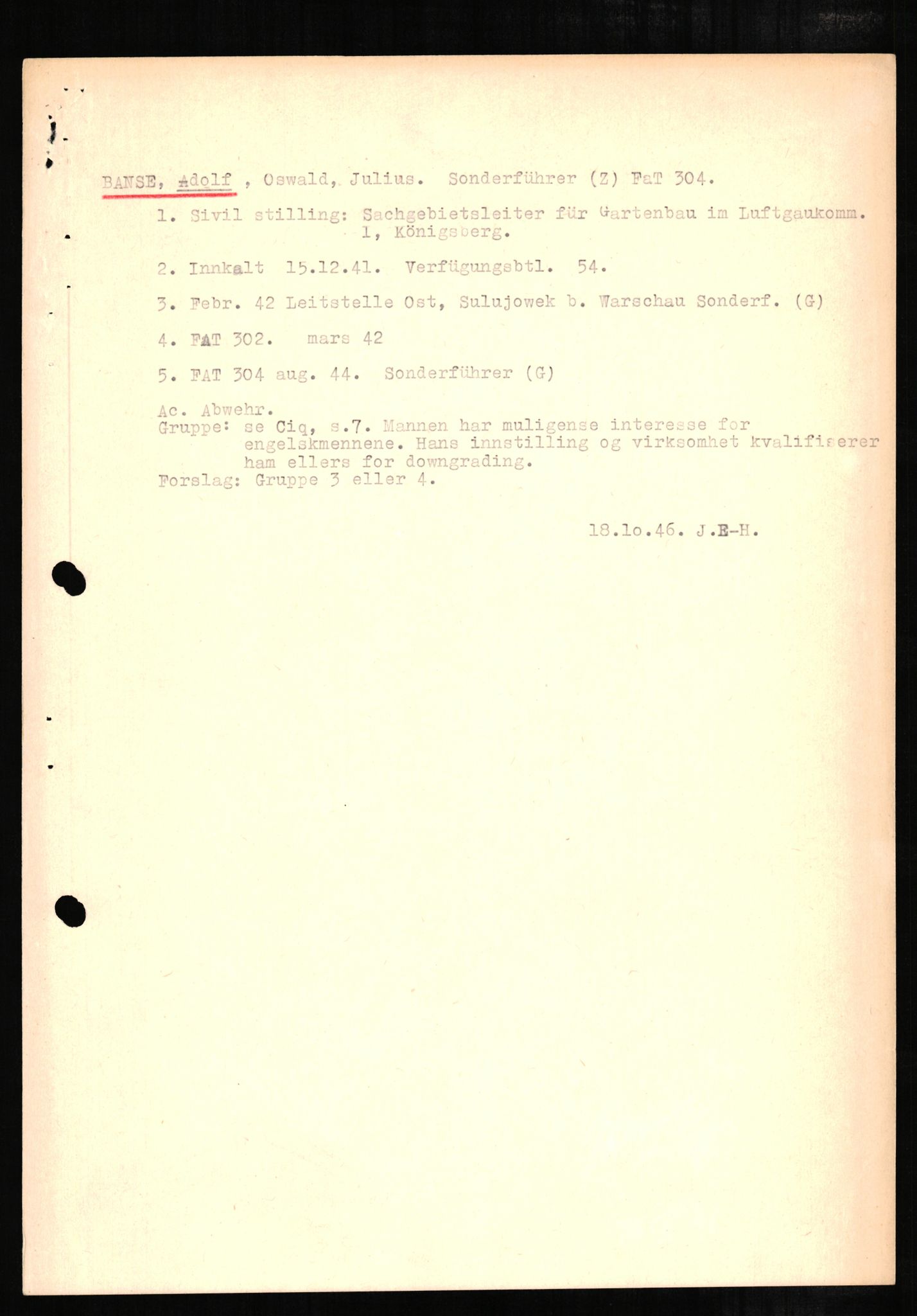 Forsvaret, Forsvarets overkommando II, AV/RA-RAFA-3915/D/Db/L0002: CI Questionaires. Tyske okkupasjonsstyrker i Norge. Tyskere., 1945-1946, p. 60