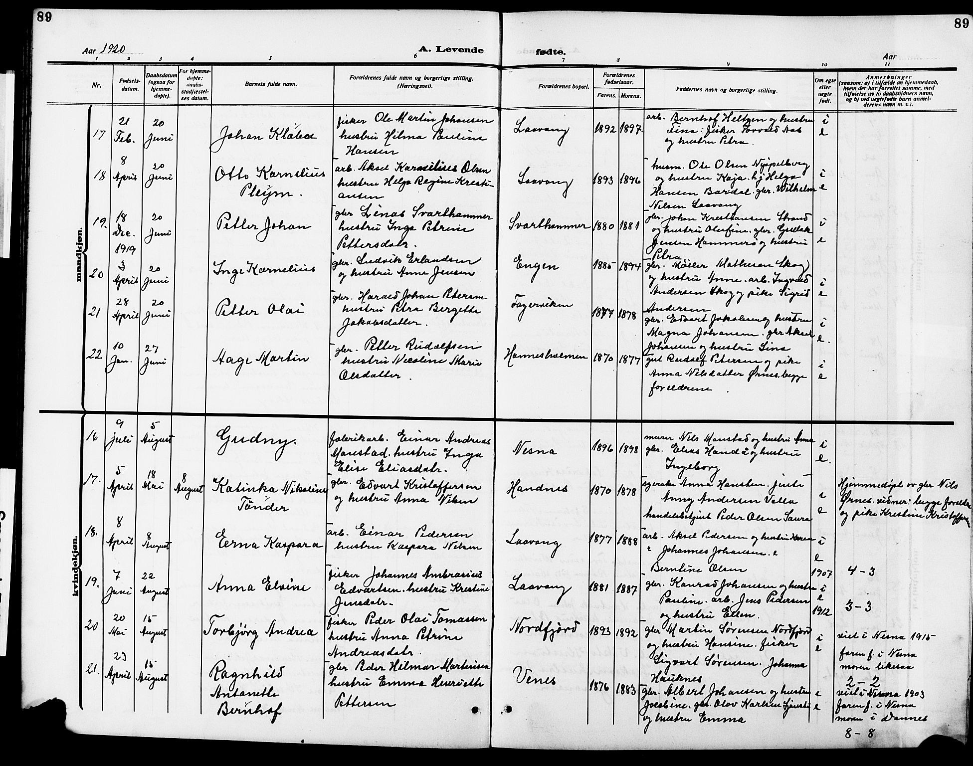 Ministerialprotokoller, klokkerbøker og fødselsregistre - Nordland, AV/SAT-A-1459/838/L0560: Parish register (copy) no. 838C07, 1910-1928, p. 89