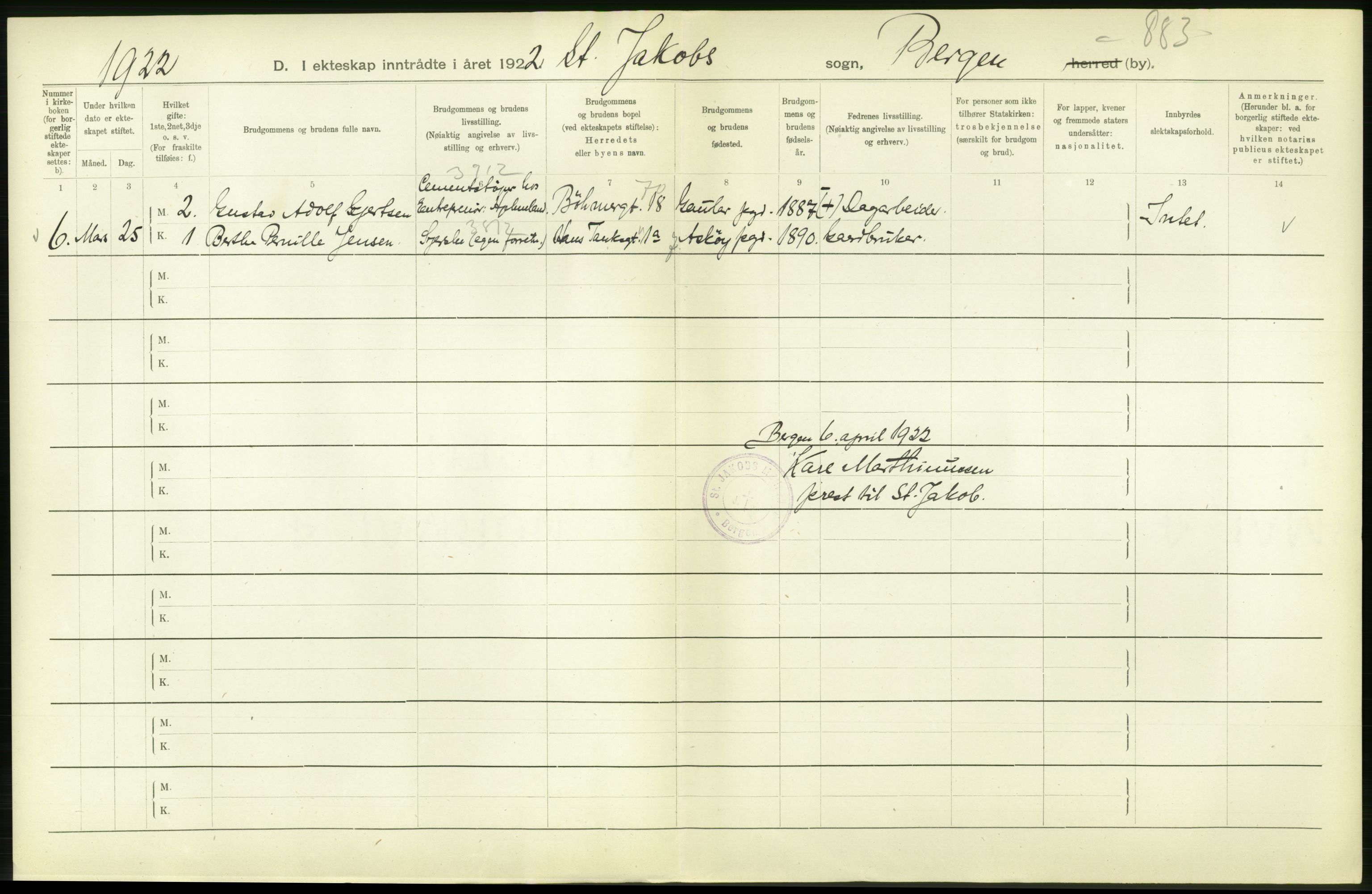 Statistisk sentralbyrå, Sosiodemografiske emner, Befolkning, AV/RA-S-2228/D/Df/Dfc/Dfcb/L0030: Bergen: Gifte, døde, dødfødte., 1922, p. 14