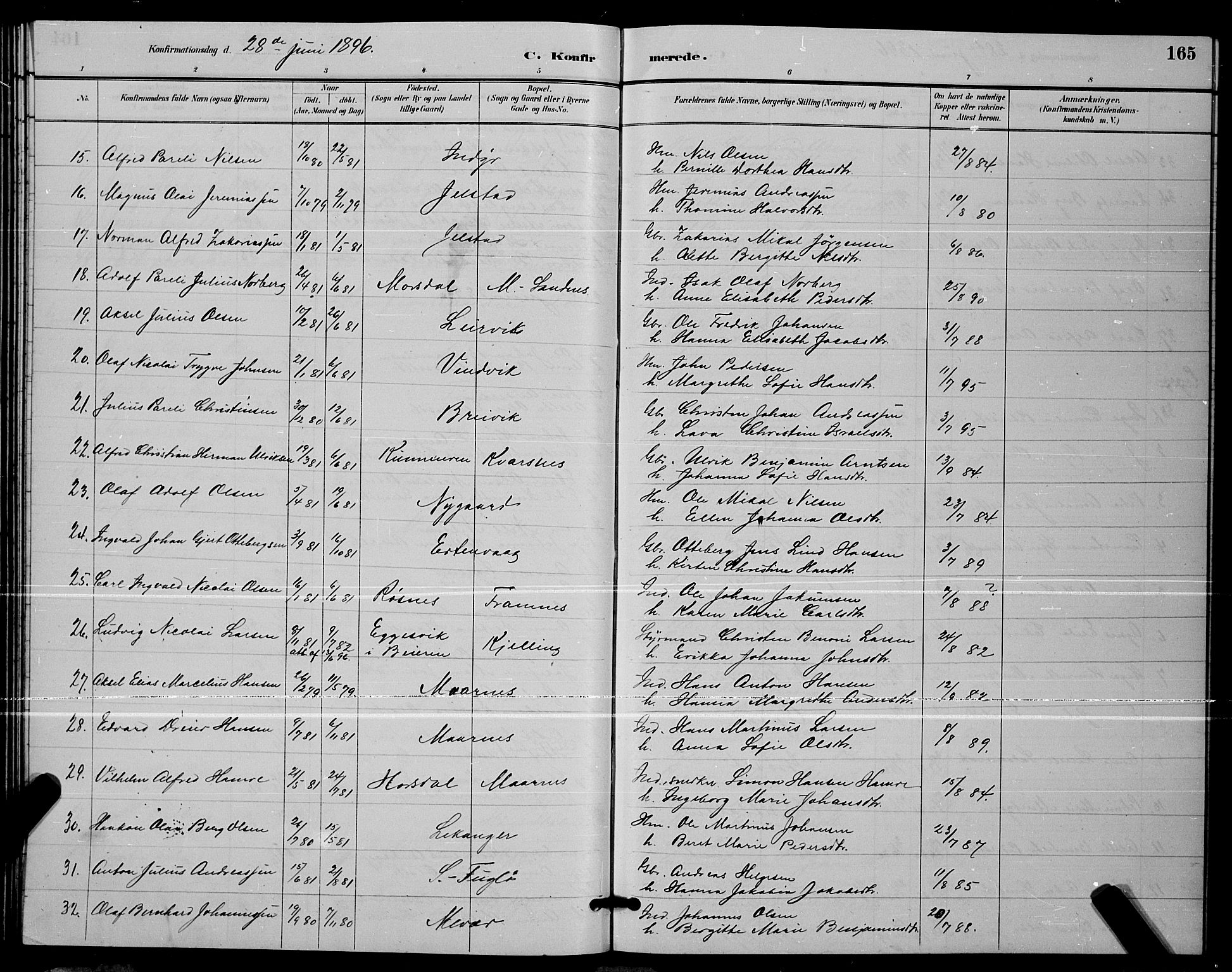 Ministerialprotokoller, klokkerbøker og fødselsregistre - Nordland, AV/SAT-A-1459/805/L0108: Parish register (copy) no. 805C04, 1885-1899, p. 165