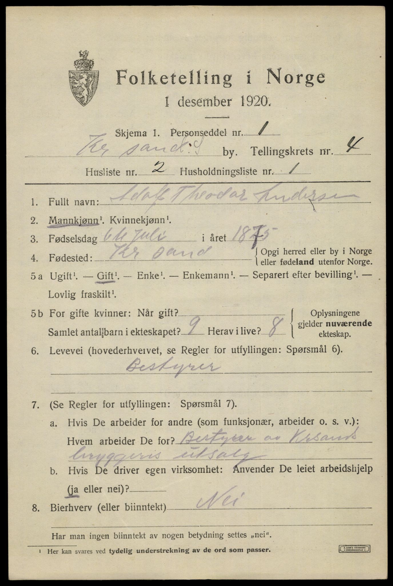 SAK, 1920 census for Kristiansand, 1920, p. 15337