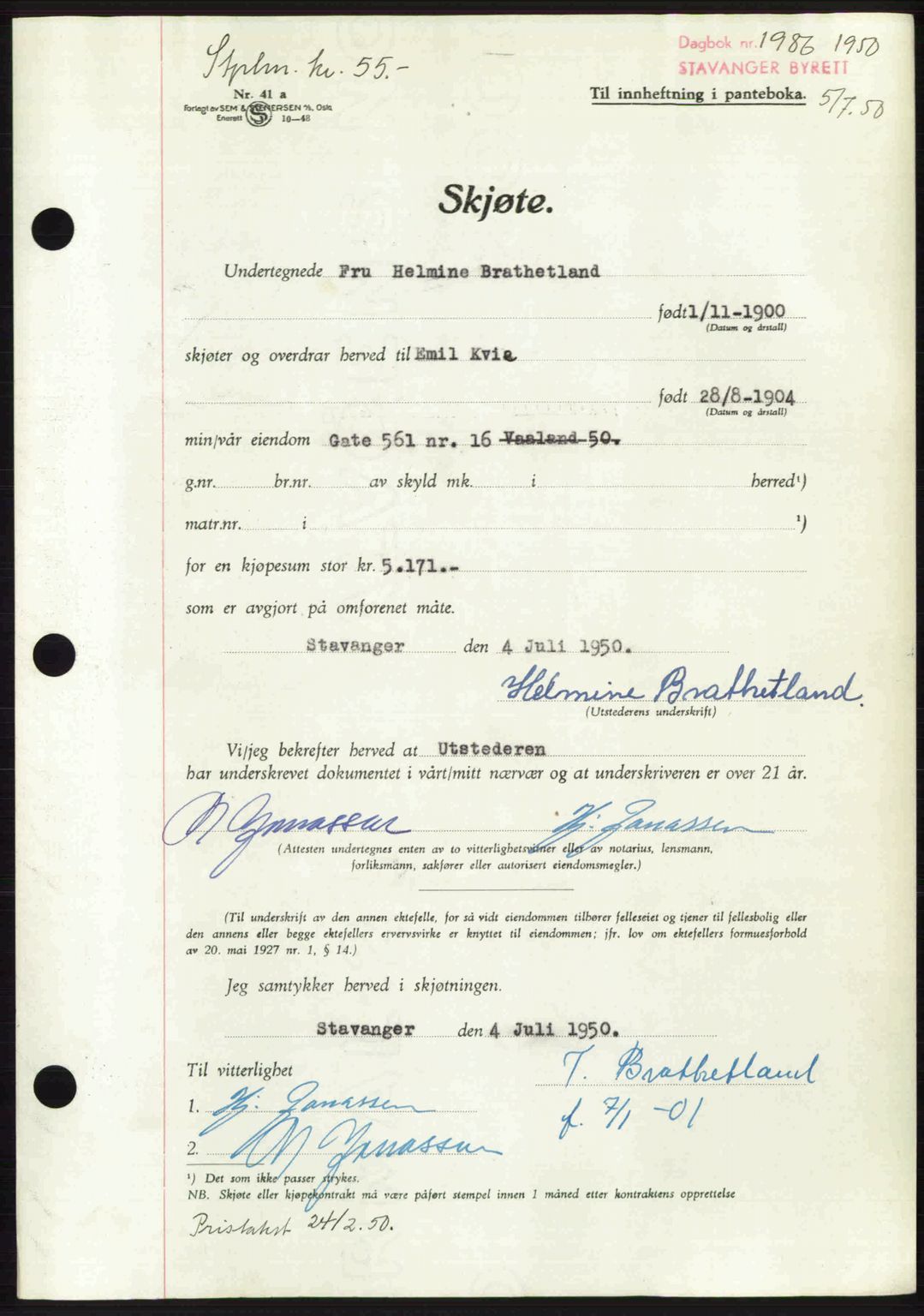 Stavanger byrett, AV/SAST-A-100455/002/G/Gb/L0024: Mortgage book no. A13, 1949-1950, Diary no: : 1986/1950