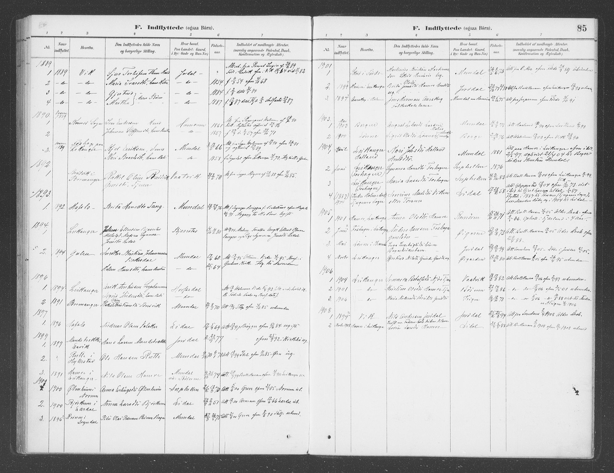 Balestrand sokneprestembete, AV/SAB-A-79601/H/Haa/Haac/L0001: Parish register (official) no. C  1, 1889-1909, p. 85