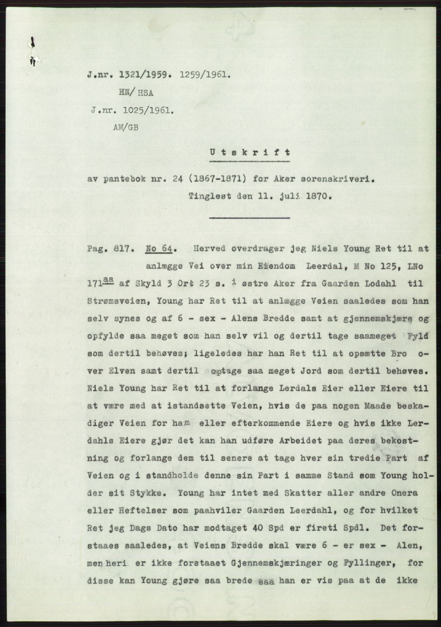Statsarkivet i Oslo, AV/SAO-A-10621/Z/Zd/L0010: Avskrifter, j.nr 753-1498/1959, 1959, p. 240