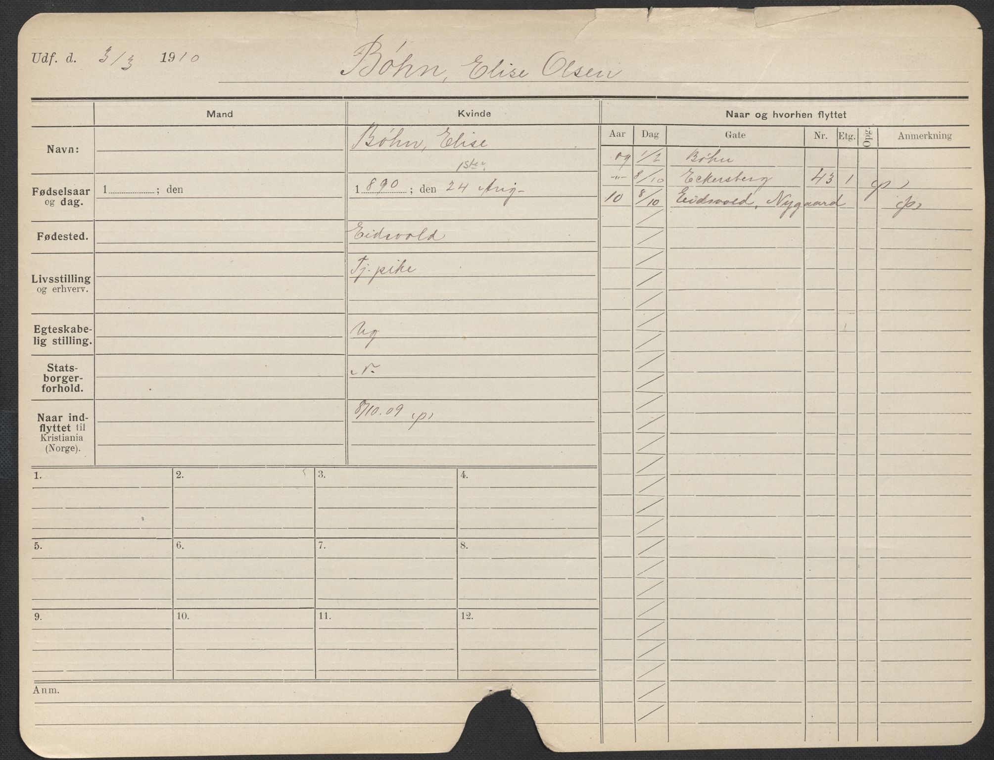 Oslo folkeregister, Registerkort, AV/SAO-A-11715/F/Fa/Fac/L0013: Kvinner, 1906-1914, p. 1024a