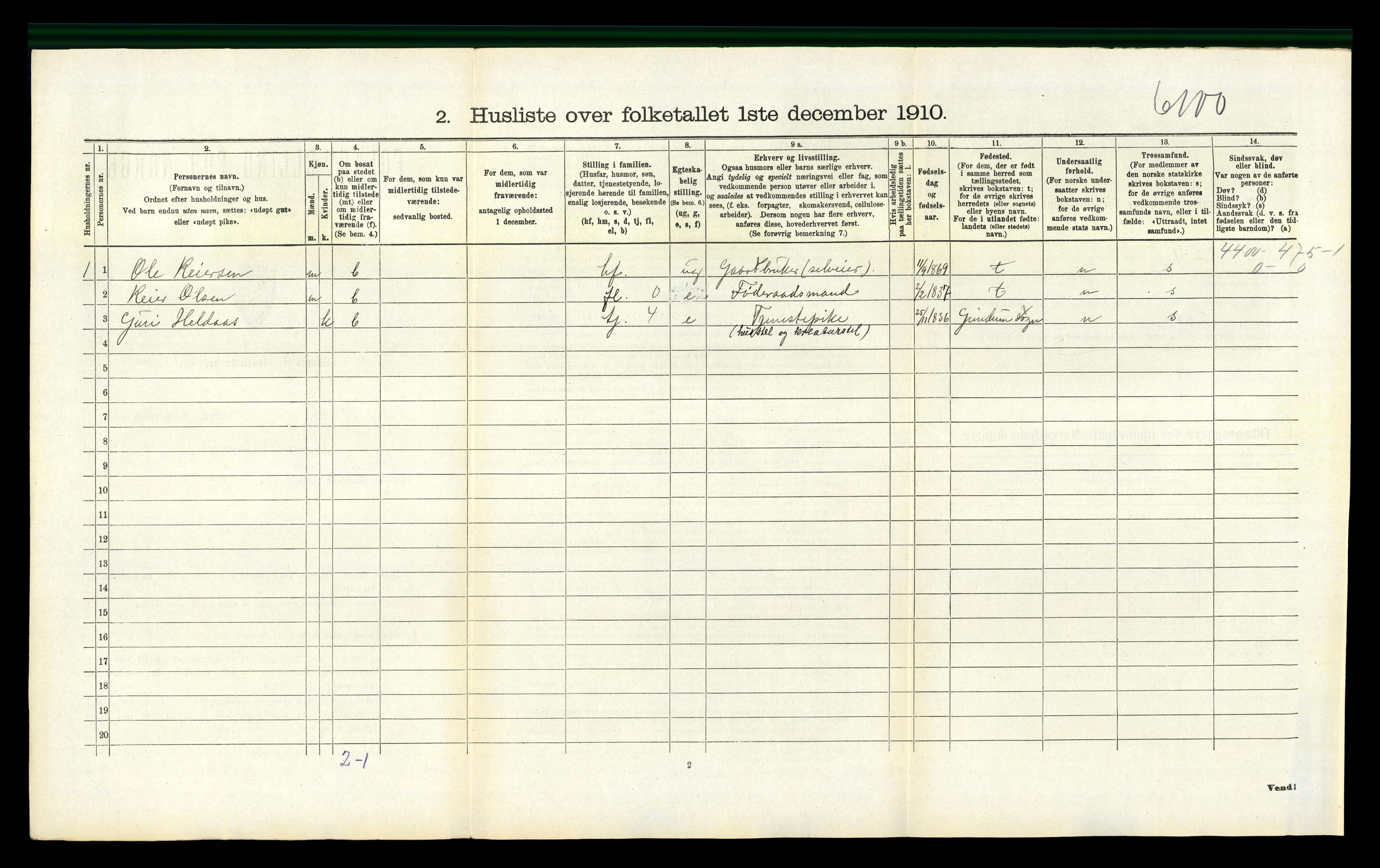 RA, 1910 census for Bjelland, 1910, p. 297