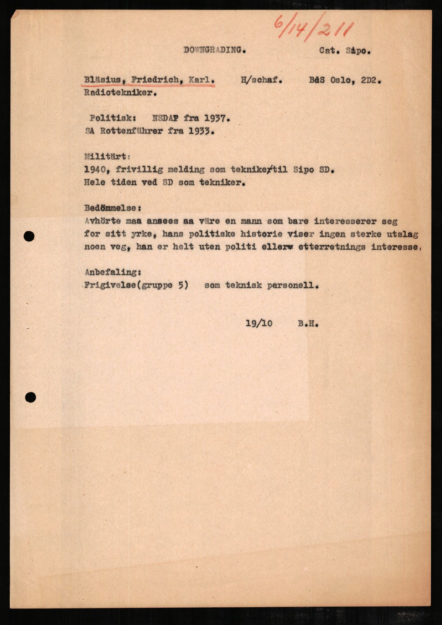 Forsvaret, Forsvarets overkommando II, RA/RAFA-3915/D/Db/L0003: CI Questionaires. Tyske okkupasjonsstyrker i Norge. Tyskere., 1945-1946, p. 275