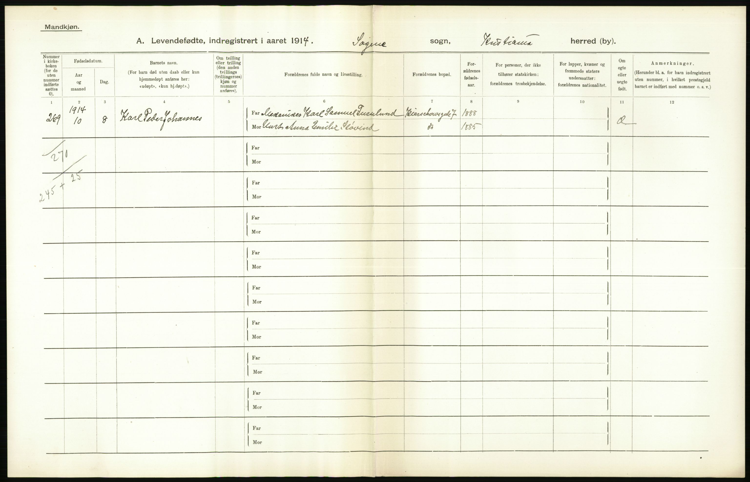 Statistisk sentralbyrå, Sosiodemografiske emner, Befolkning, RA/S-2228/D/Df/Dfb/Dfbd/L0006: Kristiania: Levendefødte menn og kvinner., 1914, p. 394