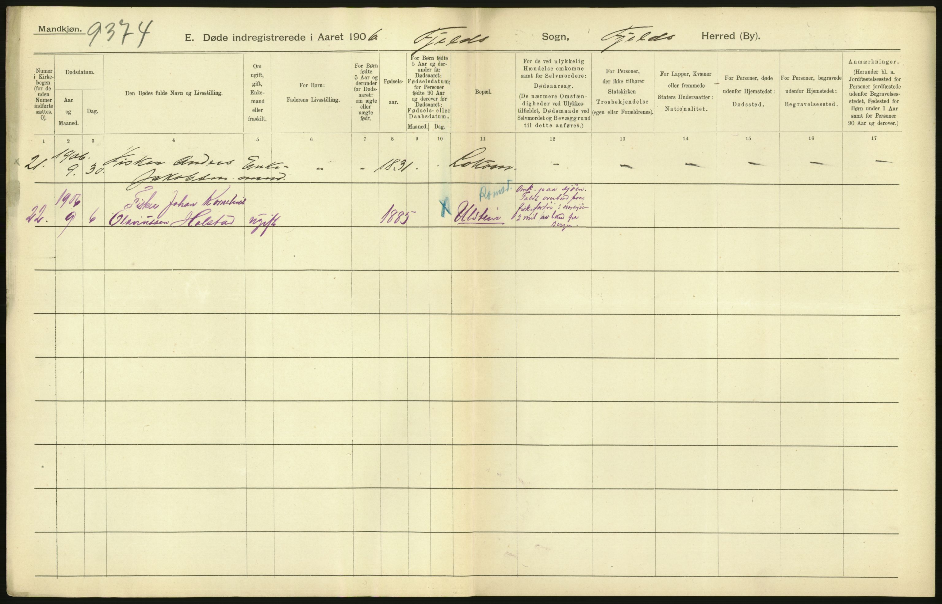 Statistisk sentralbyrå, Sosiodemografiske emner, Befolkning, AV/RA-S-2228/D/Df/Dfa/Dfad/L0030: S. Bergenhus amt: Døde. Bygder., 1906, p. 114