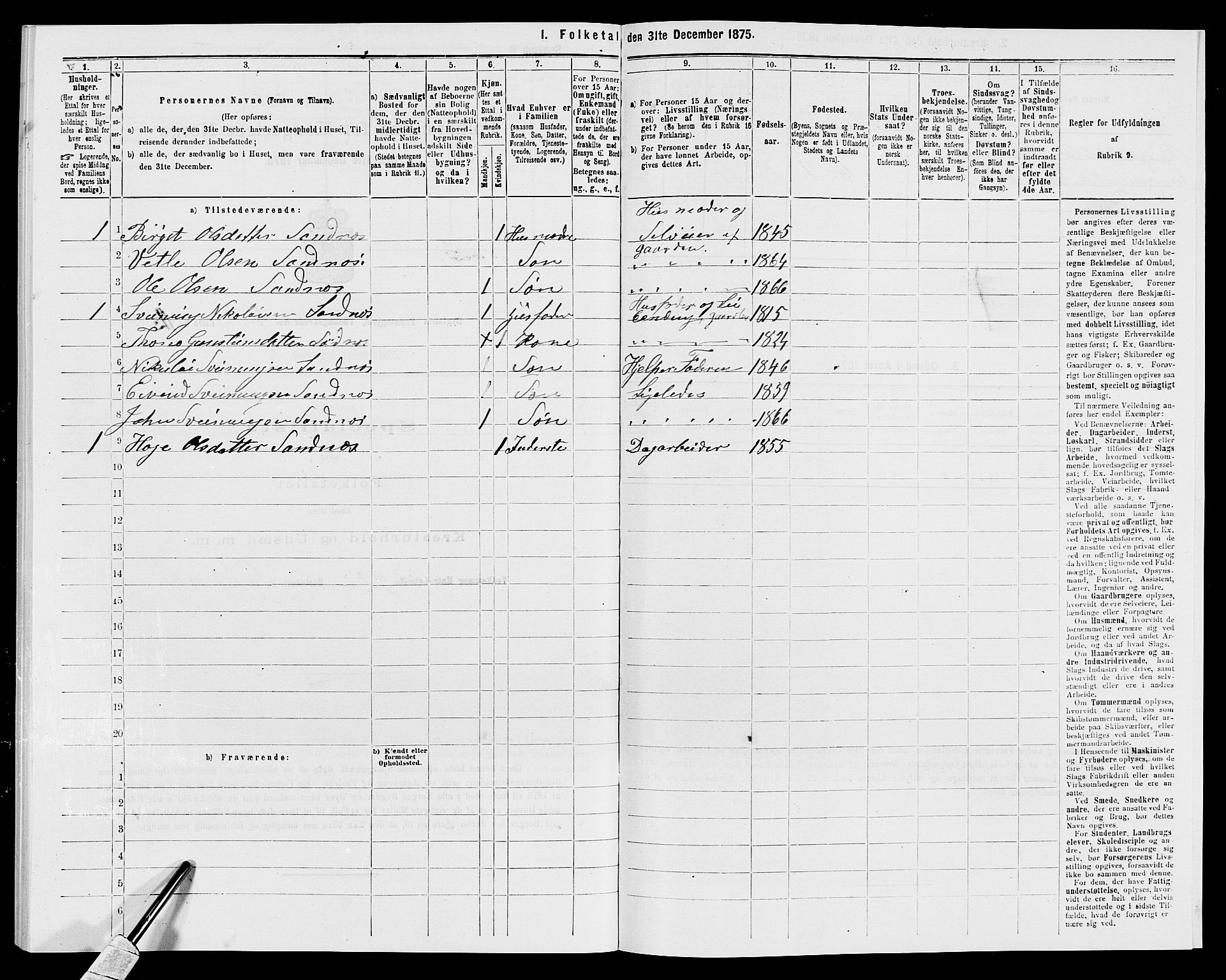 SAK, 1875 census for 0938P Bygland, 1875, p. 395