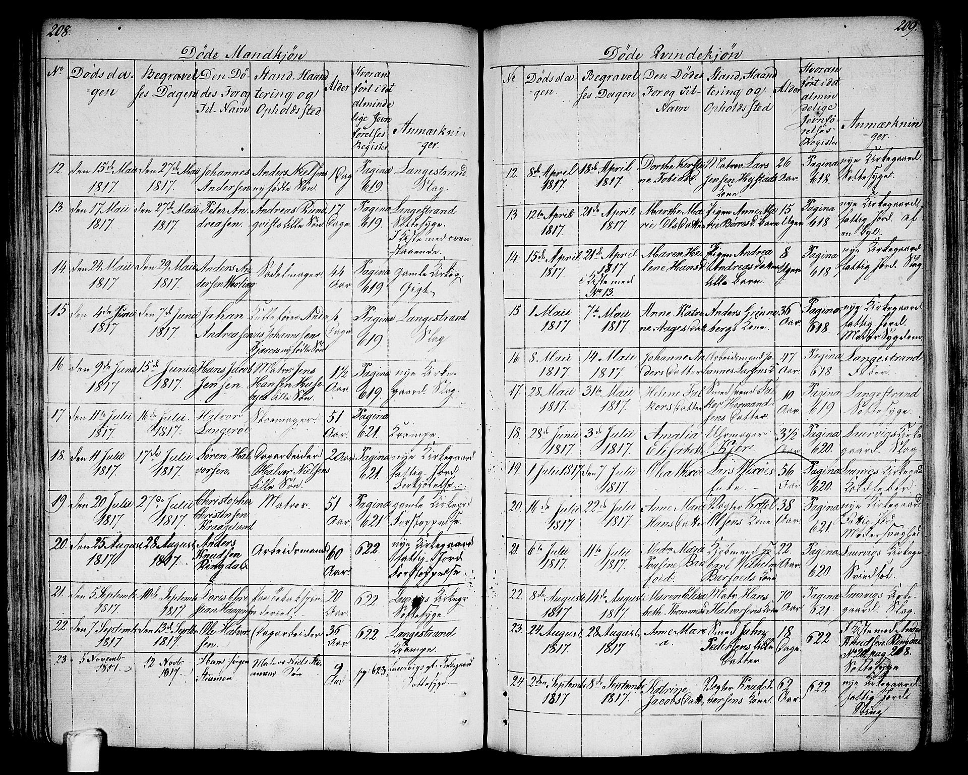 Larvik kirkebøker, AV/SAKO-A-352/G/Ga/L0002: Parish register (copy) no. I 2, 1807-1830, p. 208-209