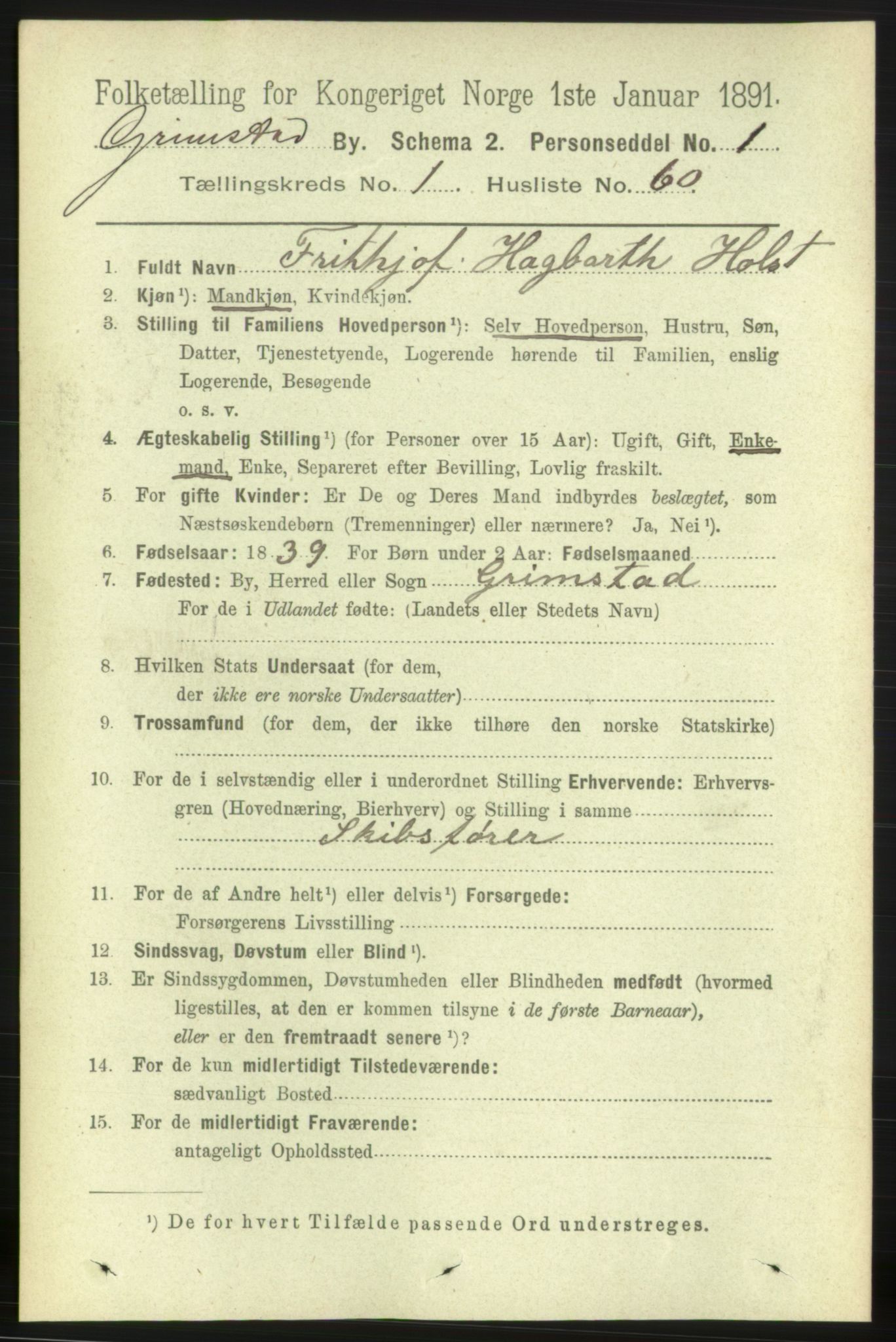 RA, 1891 census for 0904 Grimstad, 1891, p. 1436