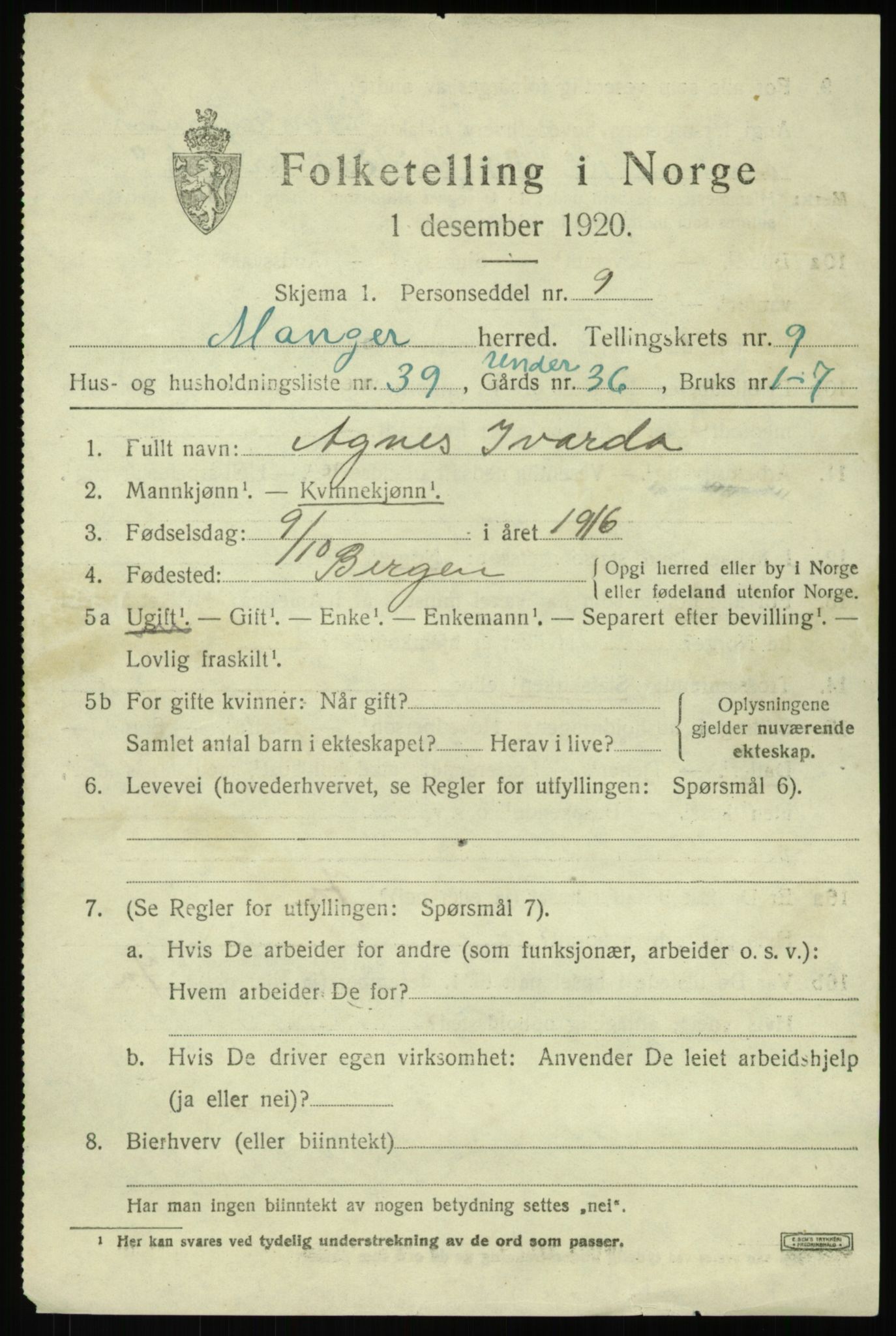 SAB, 1920 census for Manger, 1920, p. 6006