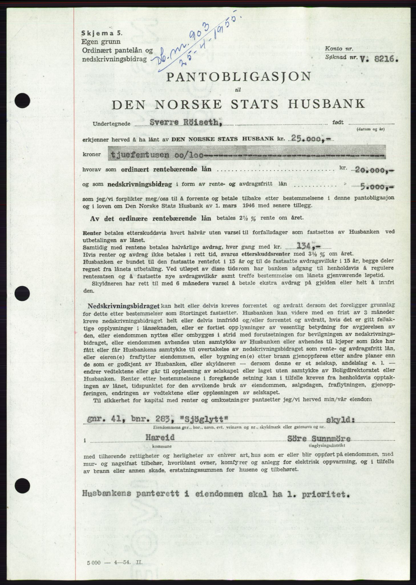 Søre Sunnmøre sorenskriveri, AV/SAT-A-4122/1/2/2C/L0126: Mortgage book no. 14B, 1954-1955, Diary no: : 903/1955