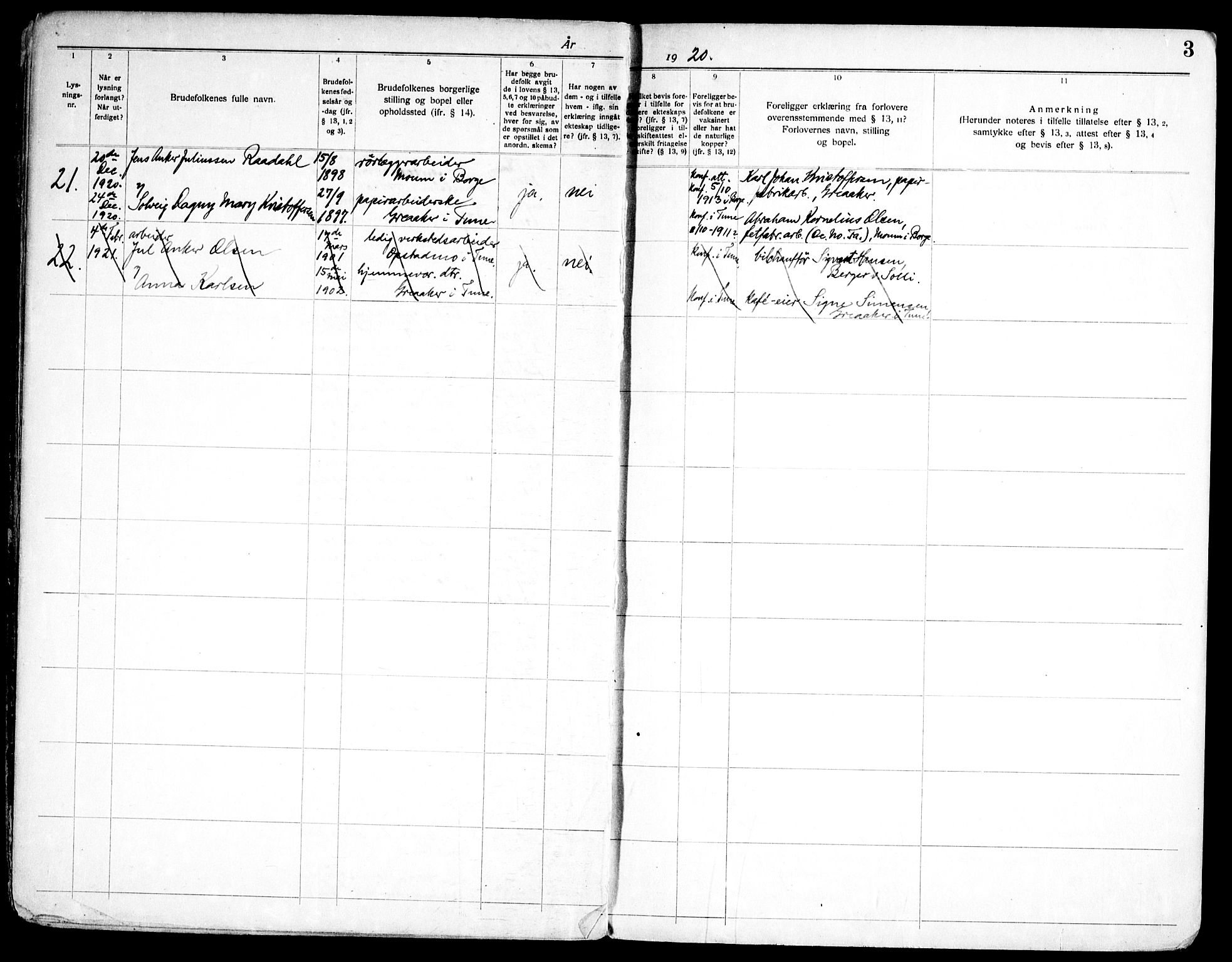 Tune prestekontor Kirkebøker, SAO/A-2007/H/Hb/L0001: Banns register no. II 1, 1920-1951, p. 3