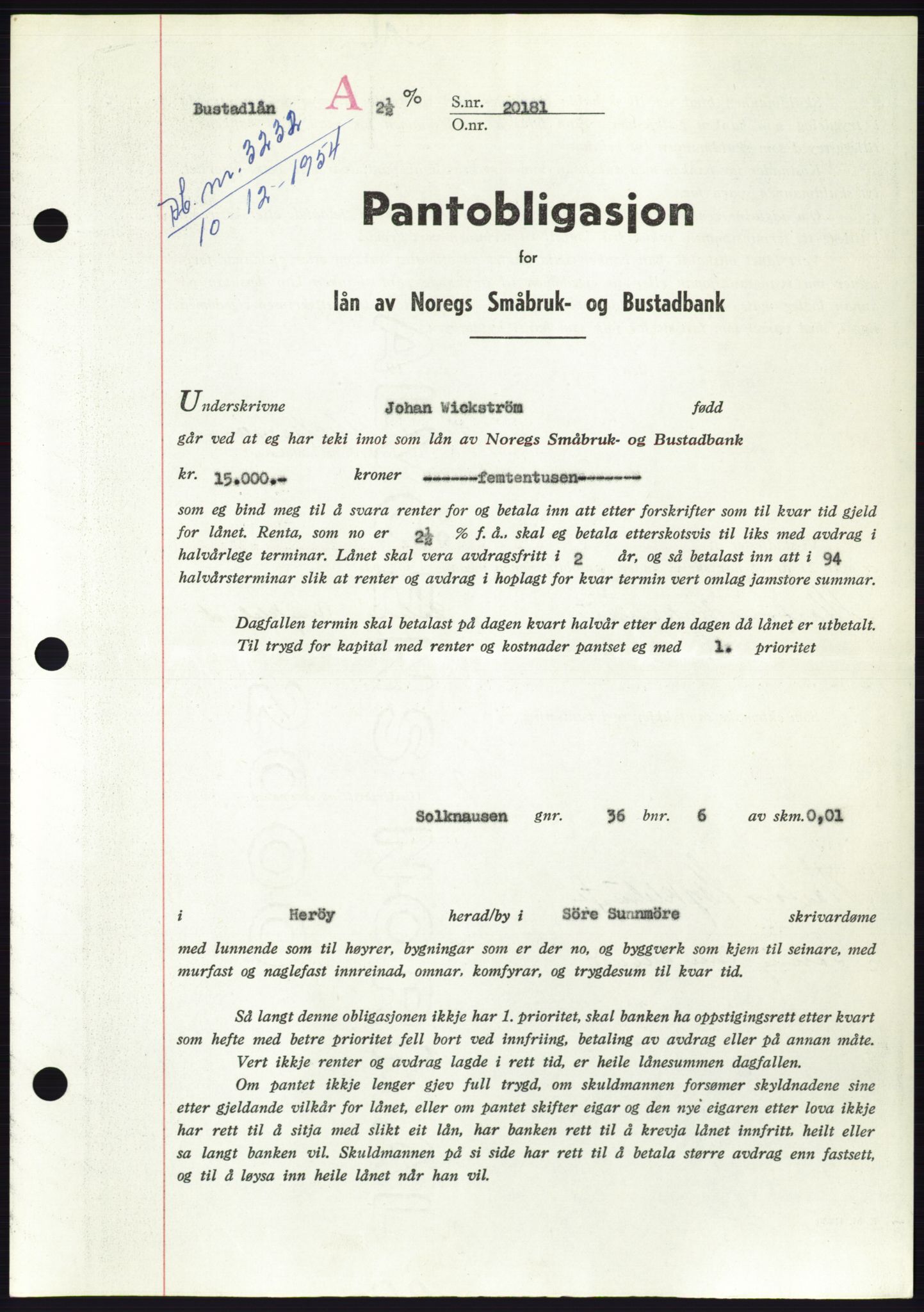 Søre Sunnmøre sorenskriveri, AV/SAT-A-4122/1/2/2C/L0126: Mortgage book no. 14B, 1954-1955, Diary no: : 3232/1954
