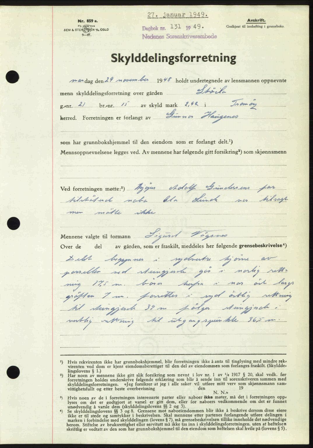 Nedenes sorenskriveri, SAK/1221-0006/G/Gb/Gba/L0060: Mortgage book no. A12, 1948-1949, Diary no: : 131/1949