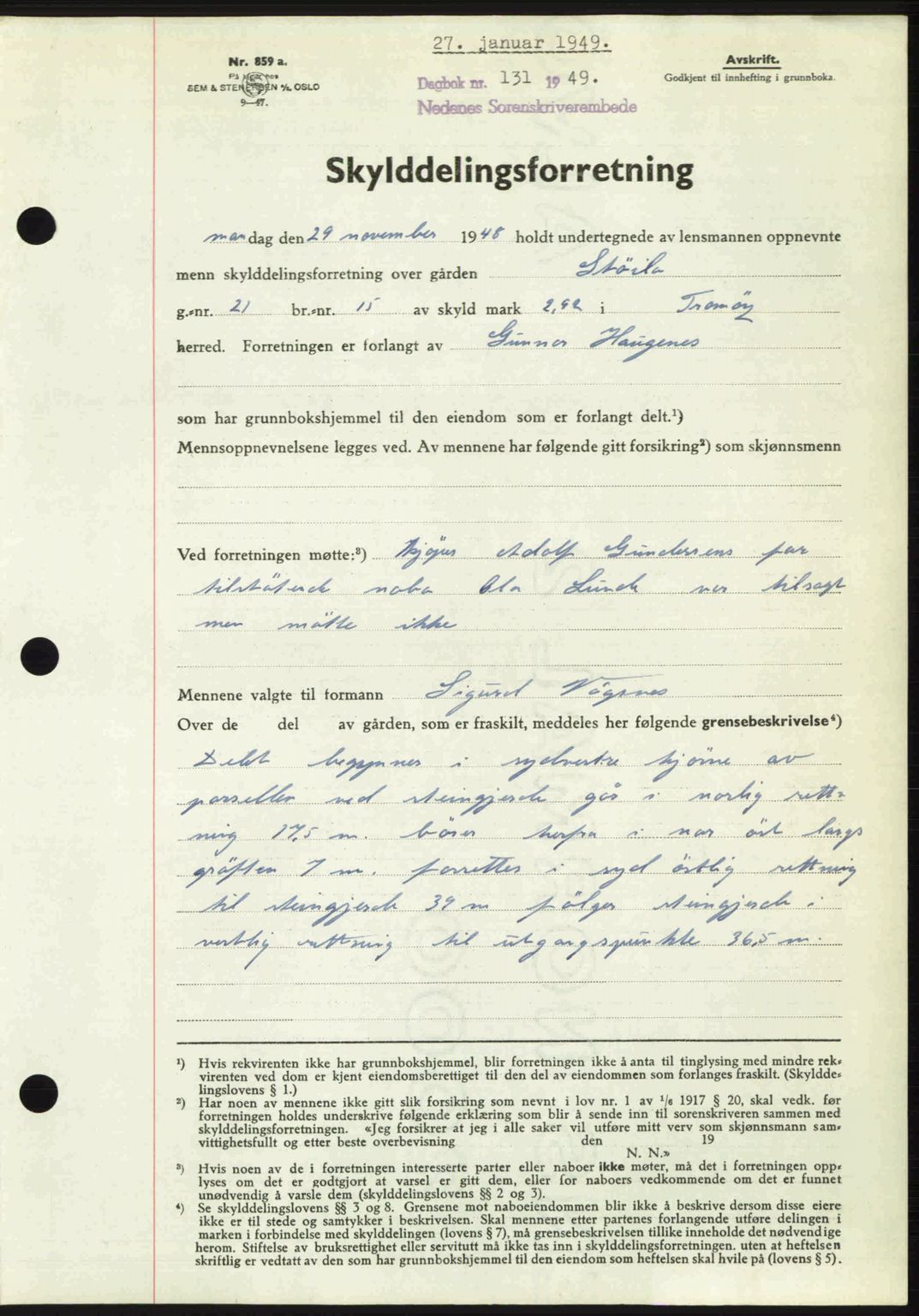 Nedenes sorenskriveri, AV/SAK-1221-0006/G/Gb/Gba/L0060: Mortgage book no. A12, 1948-1949, Diary no: : 131/1949